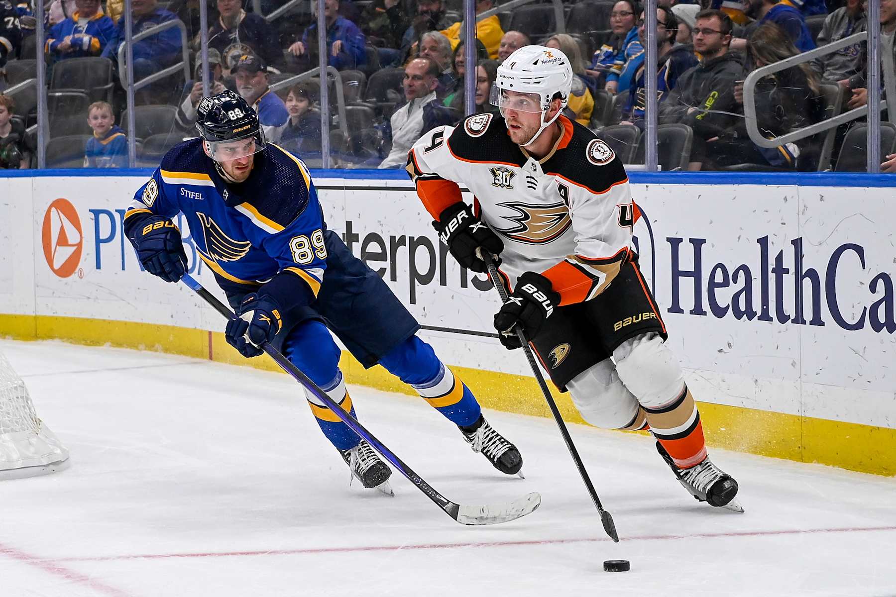 ST. LOUIS, MO - MARCH 17: Pavel Buchnevich #89 of the St. Louis Blues pressures Cam Fowler #4 of the Anaheim Ducks on March 17, 2024 at the Enterprise Center in St. Louis, Missouri. (Photo by Alexis R. Knight/NHLI via Getty Images)