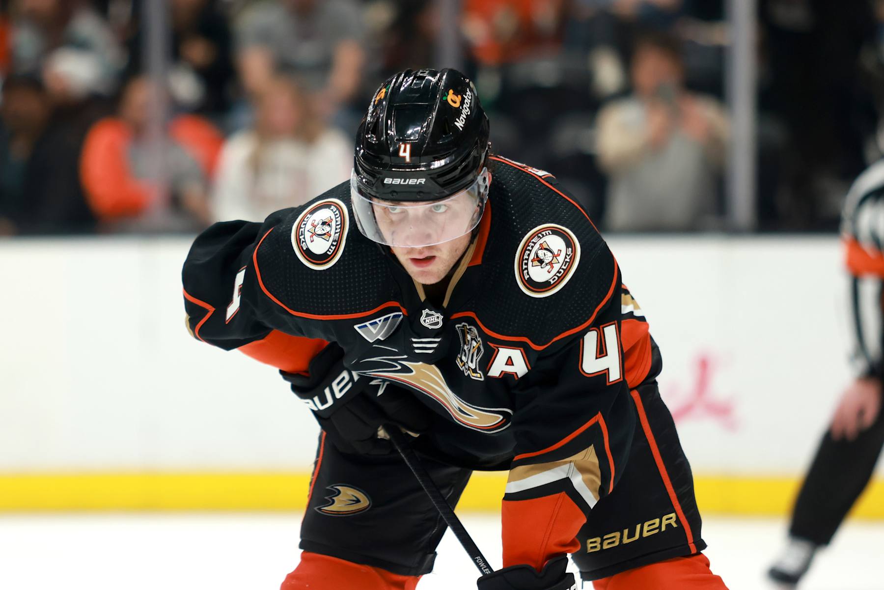 ANAHEIM, CALIFORNIA - MARCH 08: Cam Fowler #4 of the Anaheim Ducks prepares for the face-off in the second period during the game against the Dallas Stars at Honda Center on March 08, 2024 in Anaheim, California. (Photo by Nicole Vasquez/NHLI via Getty Images)