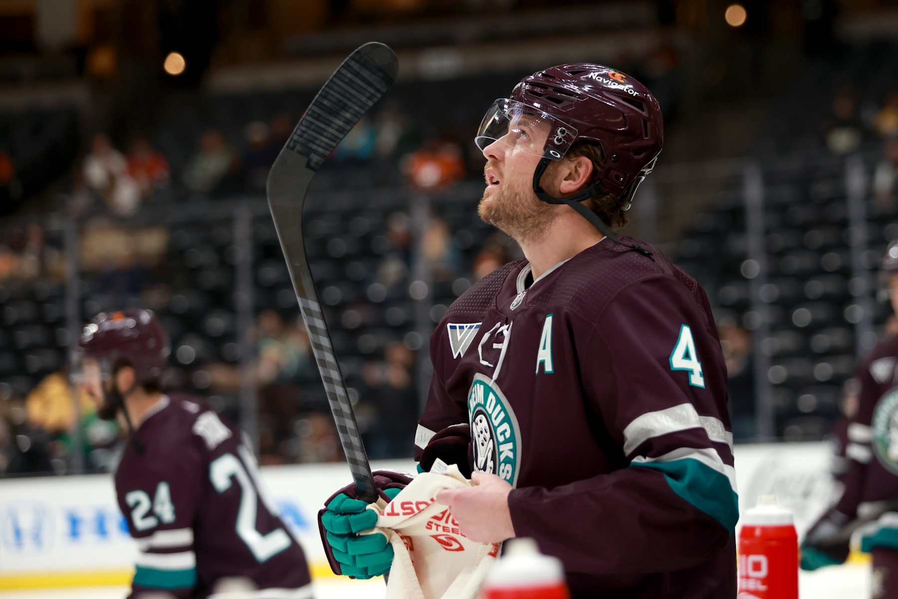 ANAHEIM, CALIFORNIA - MARCH 06: Cam Fowler #4 of the Anaheim Ducks looks on during warmups before the game against the Ottawa Senators at Honda Center on March 06, 2024 in Anaheim, California. (Photo by Nicole Vasquez/NHLI via Getty Images)