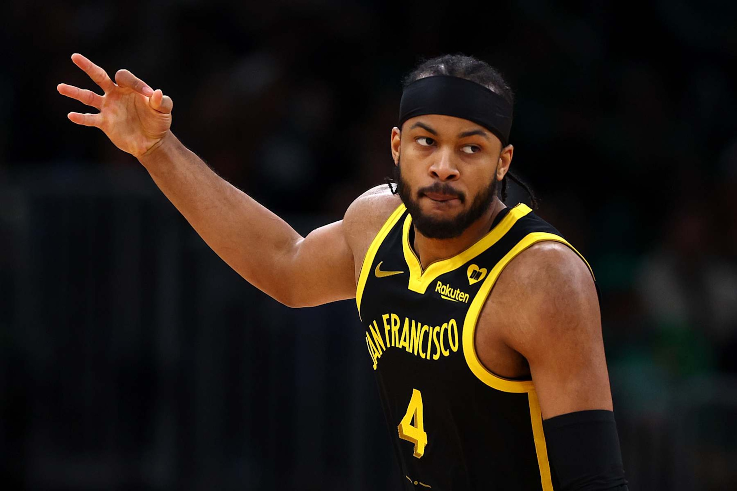 BOSTON, MASSACHUSETTS - MARCH 03: Moses Moody #4 of the Golden State Warriors celebrates after scoring against the Boston Celtics during the first quarter at TD Garden on March 03, 2024 in Boston, Massachusetts. NOTE TO USER: User expressly acknowledges and agrees that, by downloading and or using this photograph, user is consenting to the terms and conditions of the Getty Images License Agreement. (Photo by Maddie Meyer/Getty Images) BOSTON, MASSACHUSETTS - MARCH 03: Moses Moody #4 of the Golden State Warriors celebrates after scoring against the Boston Celtics during the first quarter at TD Garden on March 03, 2024 in Boston, Massachusetts. NOTE TO USER: User expressly acknowledges and agrees that, by downloading and or using this photograph, user is consenting to the terms and conditions of the Getty Images License Agreement. (Photo by Maddie Meyer/Getty Images)