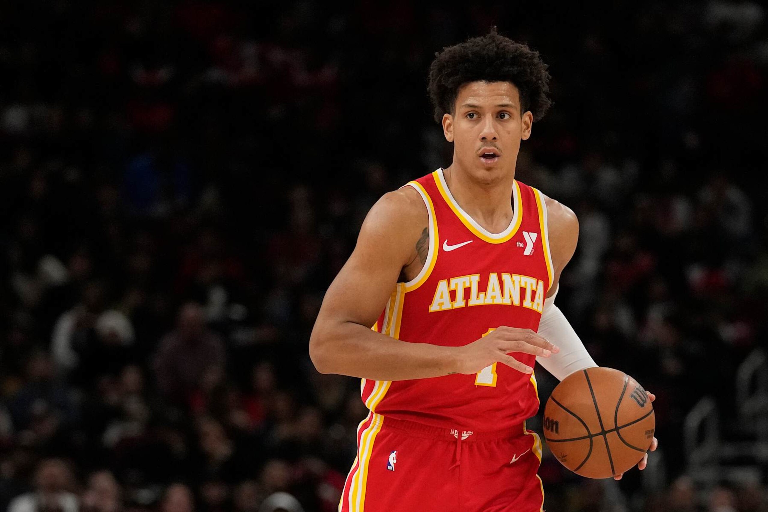 CHICAGO, ILLINOIS - APRIL 01: Jalen Johnson #1 of the Atlanta Hawks dribbles the ball during the first half against the Chicago Bulls at the United Center on April 01, 2024 in Chicago, Illinois. NOTE TO USER: User expressly acknowledges and agrees that, by downloading and or using this photograph, User is consenting to the terms and conditions of the Getty Images License Agreement. (Photo by Patrick McDermott/Getty Images) CHICAGO, ILLINOIS - APRIL 01: Jalen Johnson #1 of the Atlanta Hawks dribbles the ball during the first half against the Chicago Bulls at the United Center on April 01, 2024 in Chicago, Illinois. NOTE TO USER: User expressly acknowledges and agrees that, by downloading and or using this photograph, User is consenting to the terms and conditions of the Getty Images License Agreement. (Photo by Patrick McDermott/Getty Images)