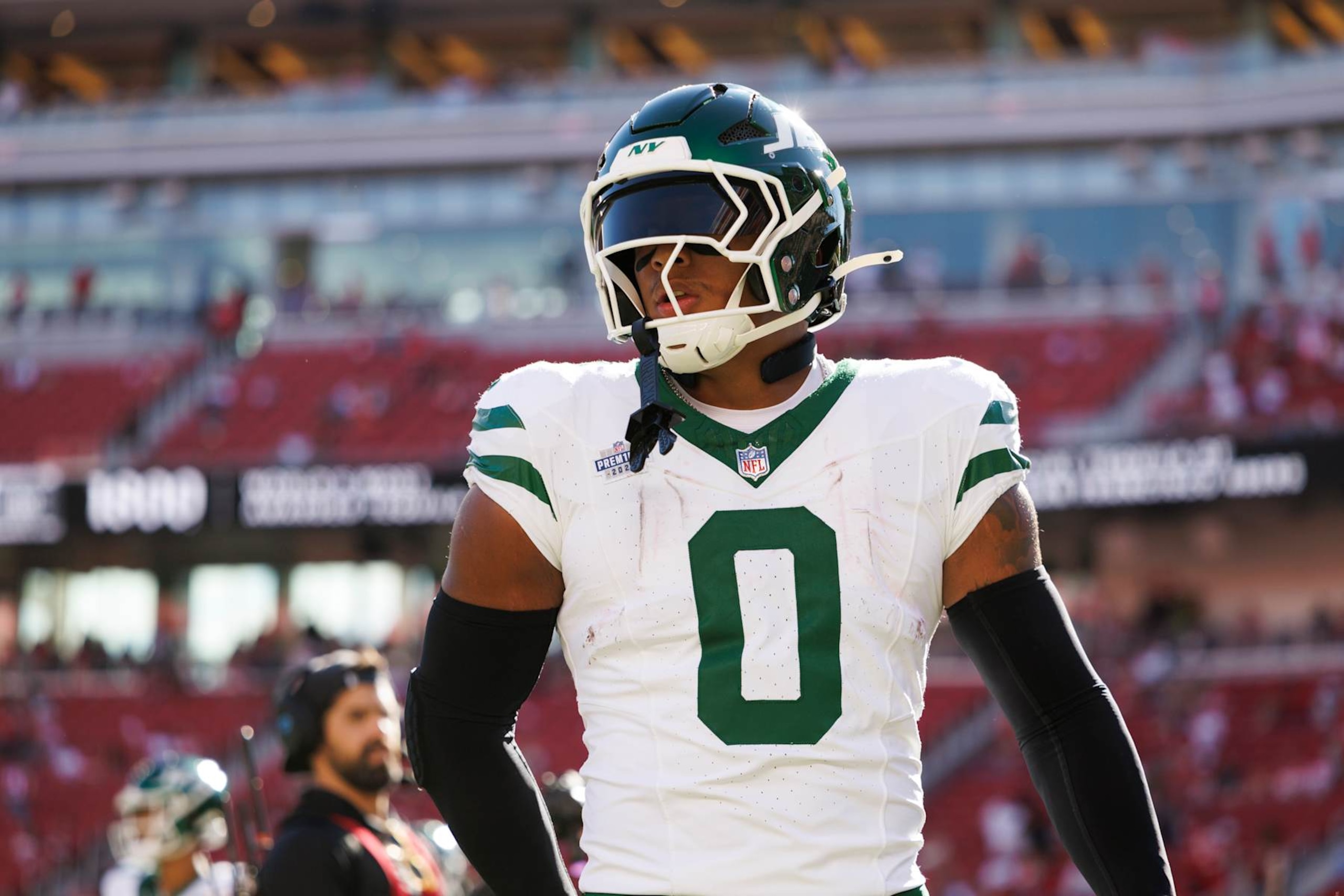 SANTA CLARA, CA - SEPTEMBER 9: Running back Braelon Allen #0 of the New York Jets stands on the field prior to an NFL football game against the San Francisco 49ers, at Levi's Stadium on September 9, 2024 in Santa Clara, California. (Photo by Brooke Sutton/Getty Images)