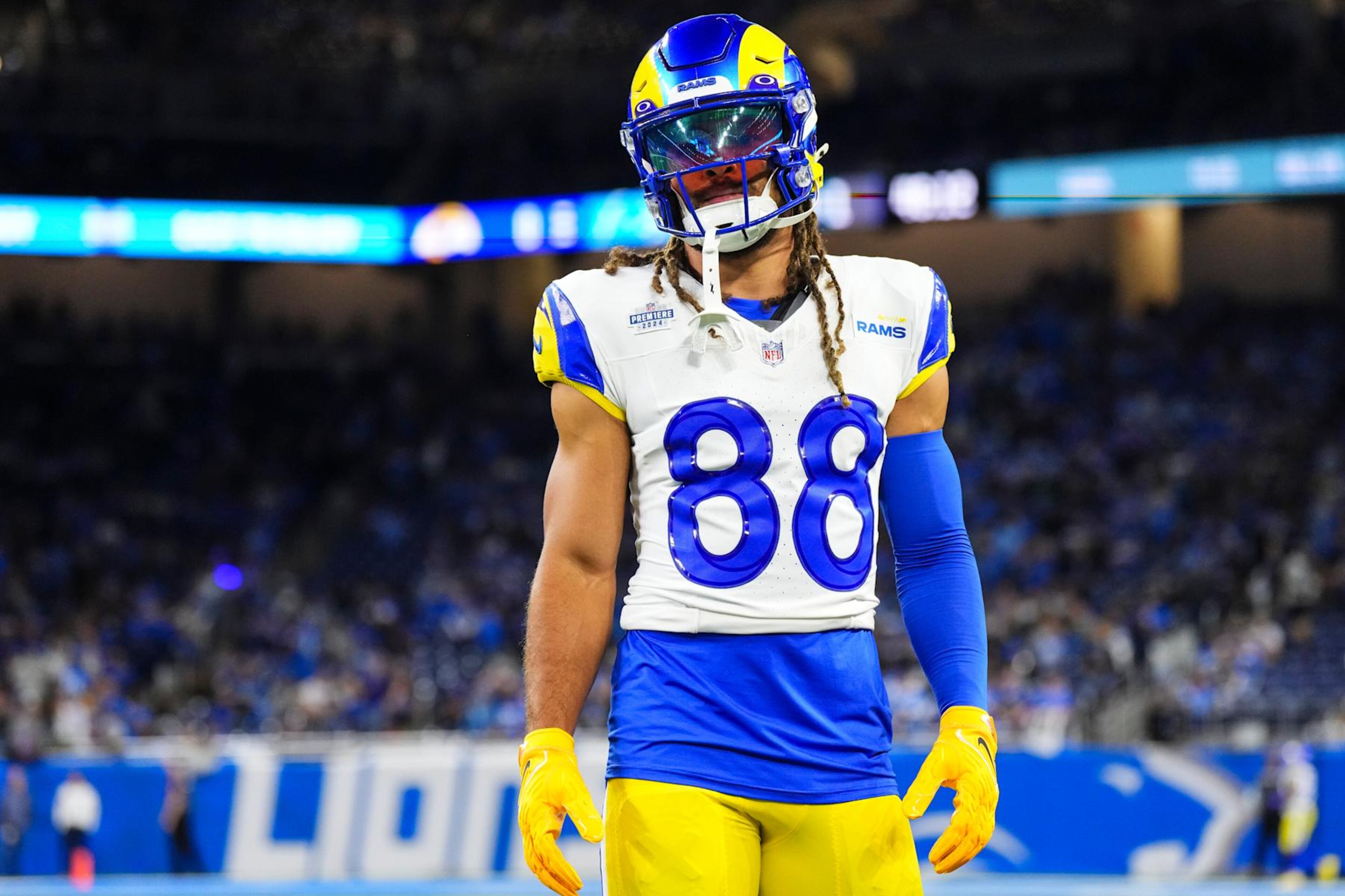 DETROIT, MI - SEPTEMBER 08: Jordan Whittington #88 of the Los Angeles Rams warms up prior to an NFL football game against the Detroit Lions at Ford Field on September 8, 2024 in Detroit, Michigan. (Photo by Cooper Neill/Getty Images) DETROIT, MI - SEPTEMBER 08: Jordan Whittington #88 of the Los Angeles Rams warms up prior to an NFL football game against the Detroit Lions at Ford Field on September 8, 2024 in Detroit, Michigan. (Photo by Cooper Neill/Getty Images)