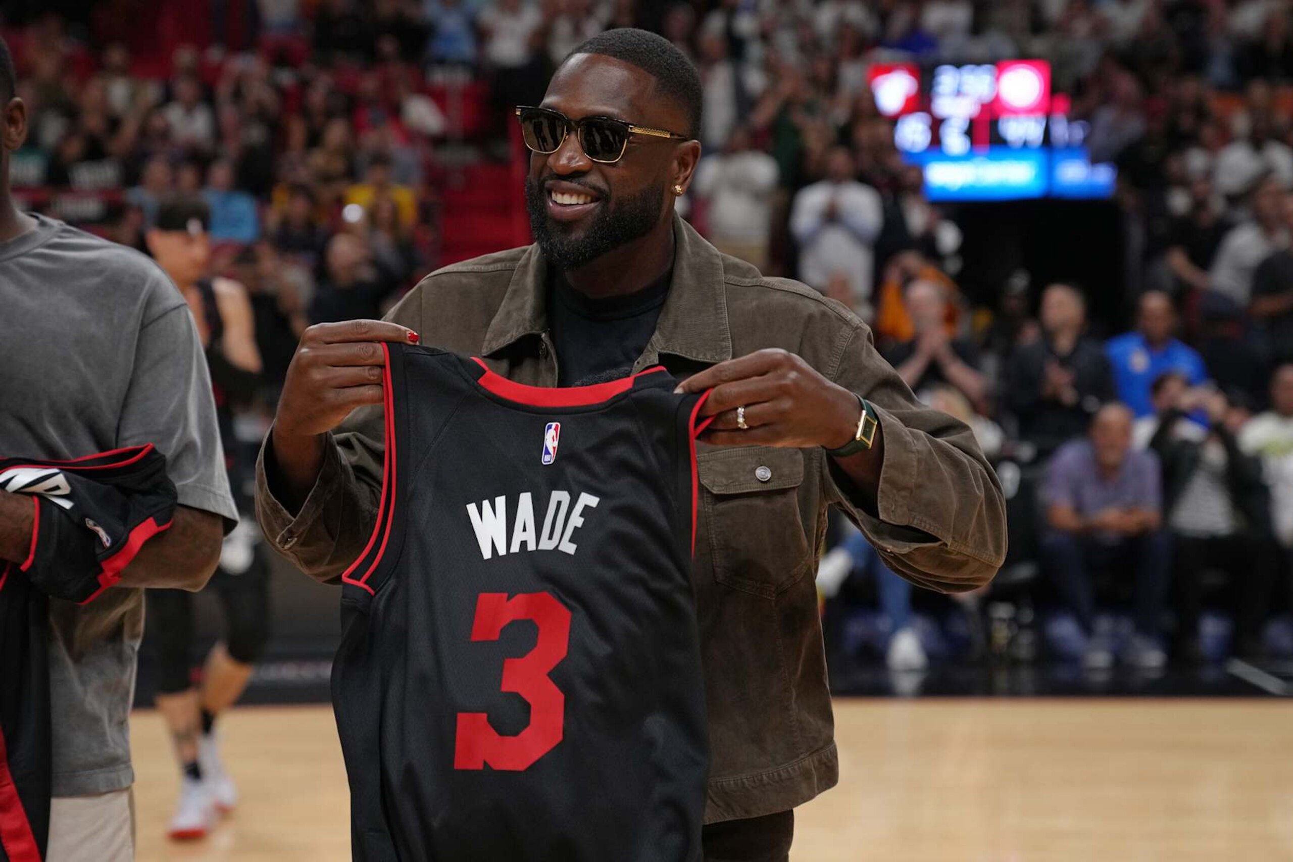 MIAMI, FL - JANUARY 19: The Miami Heat honor Dwayne Wade during the Atlanta Hawks vs Miami Heat game on January 19, 2024 at Kaseya Center in Miami, Florida. NOTE TO USER: User expressly acknowledges and agrees that, by downloading and or using this Photograph, user is consenting to the terms and conditions of the Getty Images License Agreement. Mandatory Copyright Notice: Copyright 2024 NBAE (Photo by Eric Espada/NBAE via Getty Images)