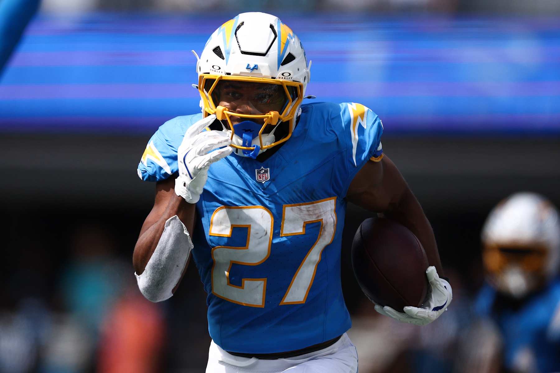 CHARLOTTE, NORTH CAROLINA - SEPTEMBER 15: J.K. Dobbins #27 of the Los Angeles Chargers runs with the ball during the second quarter against the Carolina Panthers at Bank of America Stadium on September 15, 2024 in Charlotte, North Carolina. (Photo by Jared C. Tilton/Getty Images)