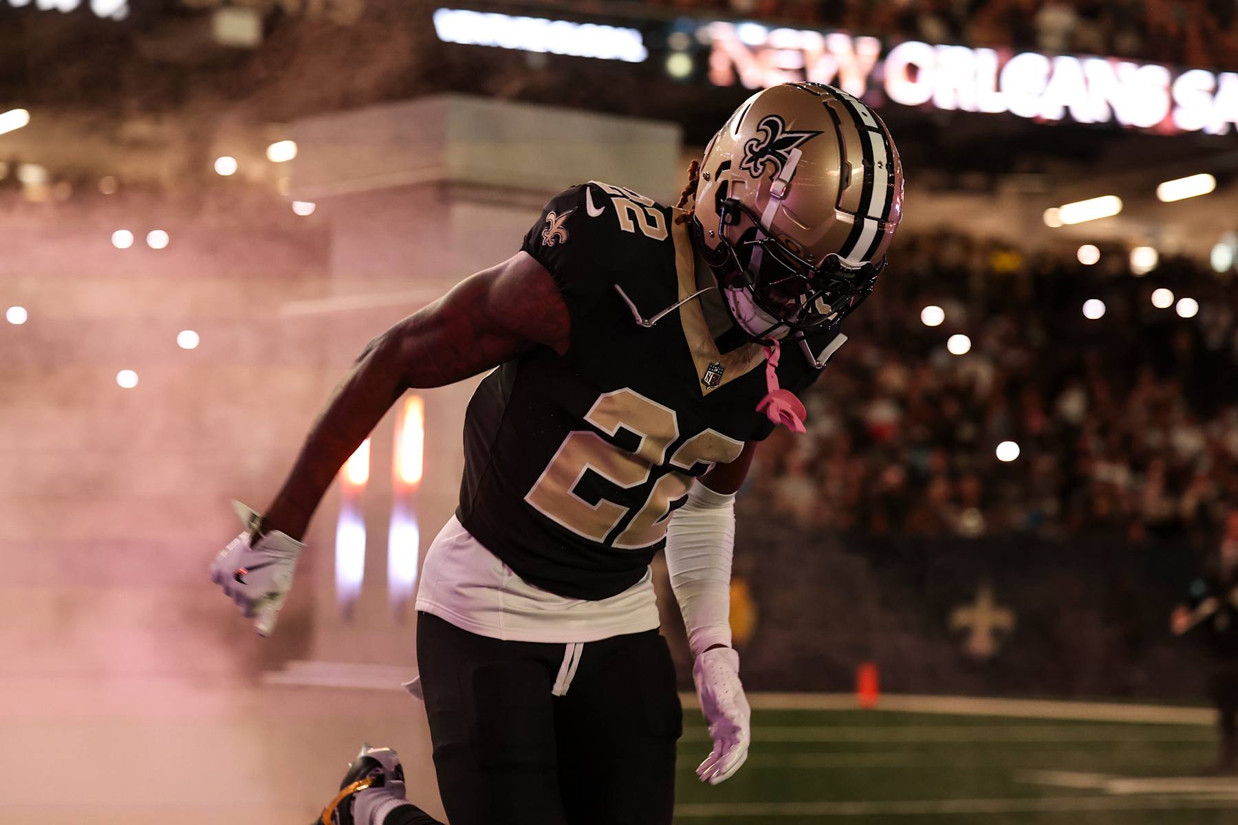NEW ORLEANS, LA - SEPTEMBER 08: Rashid Shaheed #22 of the New Orleans Saints runs out of the tunnel prior to an NFL football game against the Carolina Panthers at Caesars Superdome on September 8, 2024 in New Orleans, Louisiana. (Photo by Perry Knotts/Getty Images)