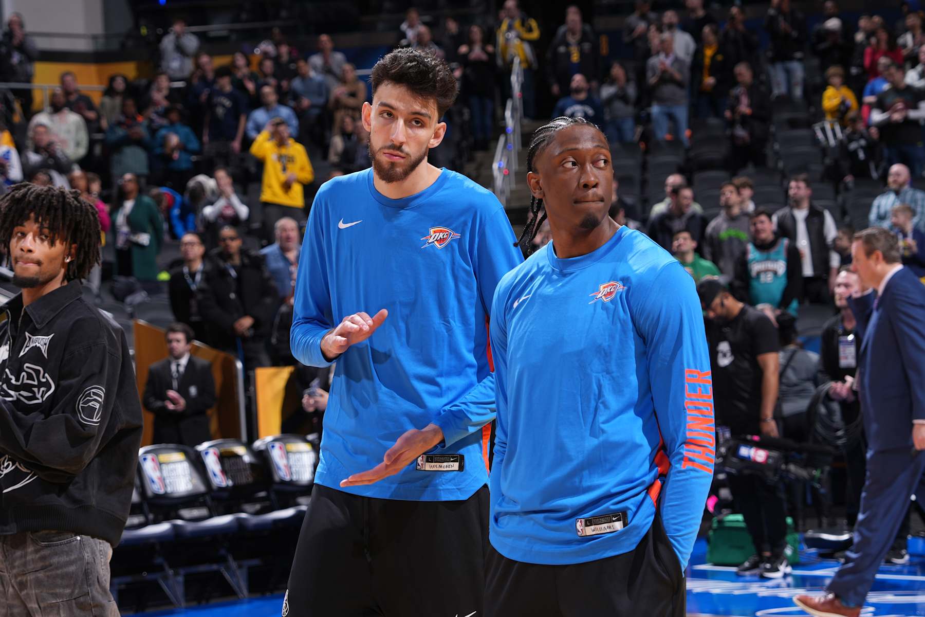 INDIANAPOLIS, IN - FEBRUARY 16: Chet Holmgren #7 and Jalen Williams #8 of Team Jalen stands for the National Anthem before the game against Team Tamika during the Rising Stars Game as part of NBA All-Star Weekend on Friday, February 16, 2024 at Gainbridge Fieldhouse in Indianapolis, Indiana. NOTE TO USER: User expressly acknowledges and agrees that, by downloading and/or using this Photograph, user is consenting to the terms and conditions of the Getty Images License Agreement. Mandatory Copyright Notice: Copyright 2024 NBAE (Photo by Jesse D. Garrabrant/NBAE via Getty Images)