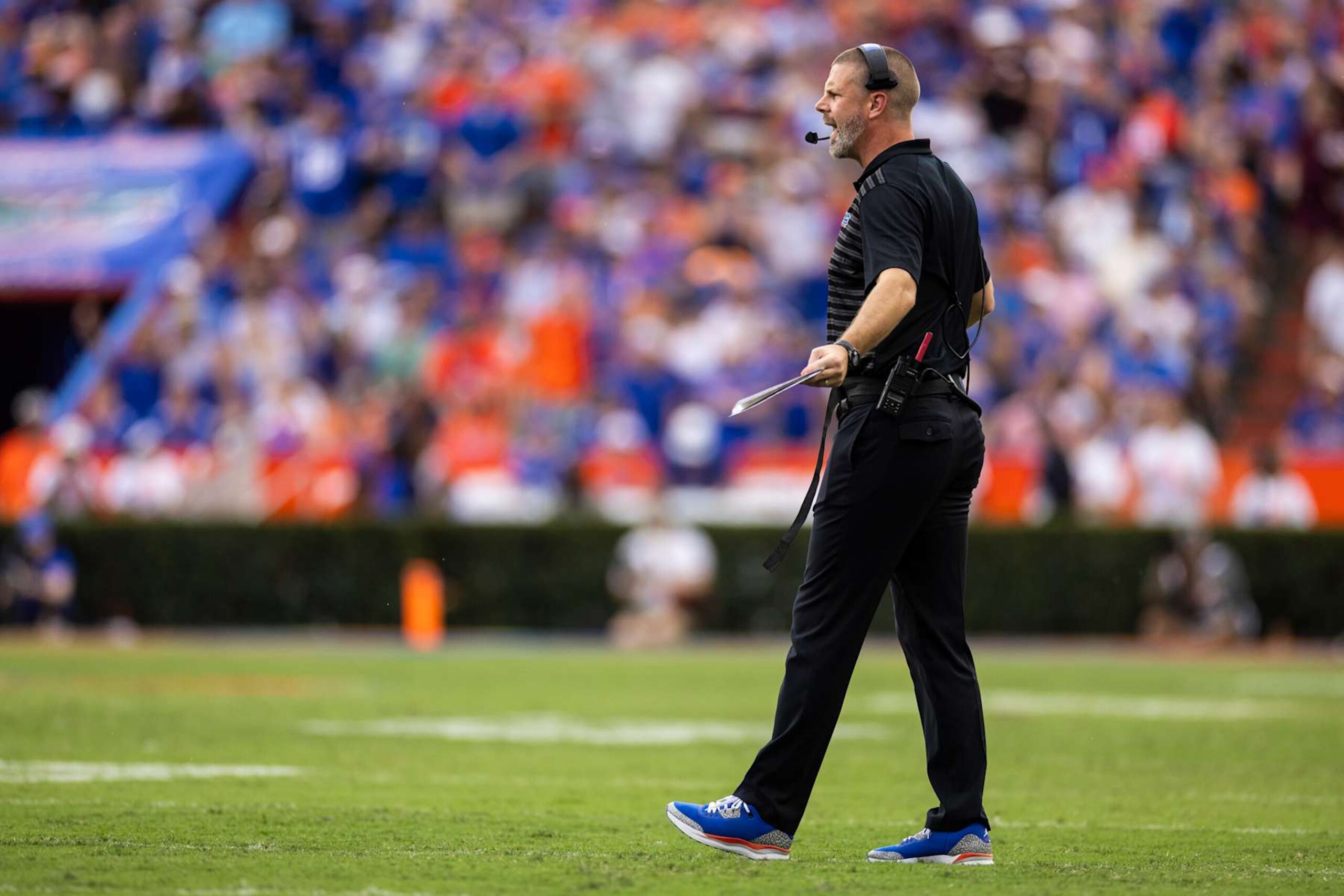 GAINESVILLE, FLORIDA - SEPTEMBER 14: Head coach Billy Napier of the Florida Gators reacts to a call during the first half of a game against the Texas A&M Aggies at Ben Hill Griffin Stadium on September 14, 2024 in Gainesville, Florida. (Photo by James Gilbert/Getty Images) GAINESVILLE, FLORIDA - SEPTEMBER 14: Head coach Billy Napier of the Florida Gators reacts to a call during the first half of a game against the Texas A&M Aggies at Ben Hill Griffin Stadium on September 14, 2024 in Gainesville, Florida. (Photo by James Gilbert/Getty Images)