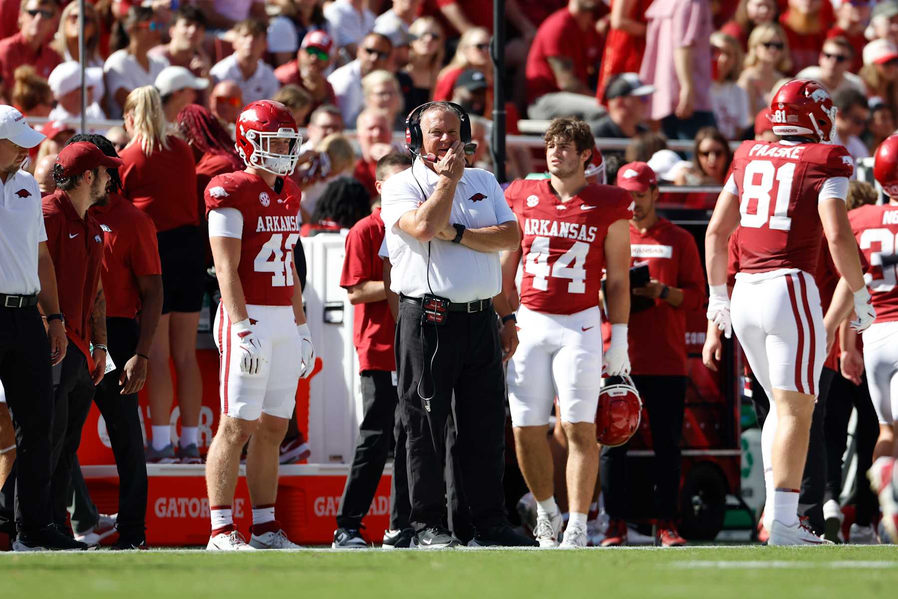 FAYETTEVILLE, AR - SEPTEMBER 14:  Arkansas Razorbacks head coach Sam Pittman during the college football game between the UAB Blazers and Arkansas Razorbacks on September 14, 2024, at Donald W. Reynolds Razorback Stadium in Fayetteville, Arkansas. (Photo by Andy Altenburger/Icon Sportswire via Getty Images)