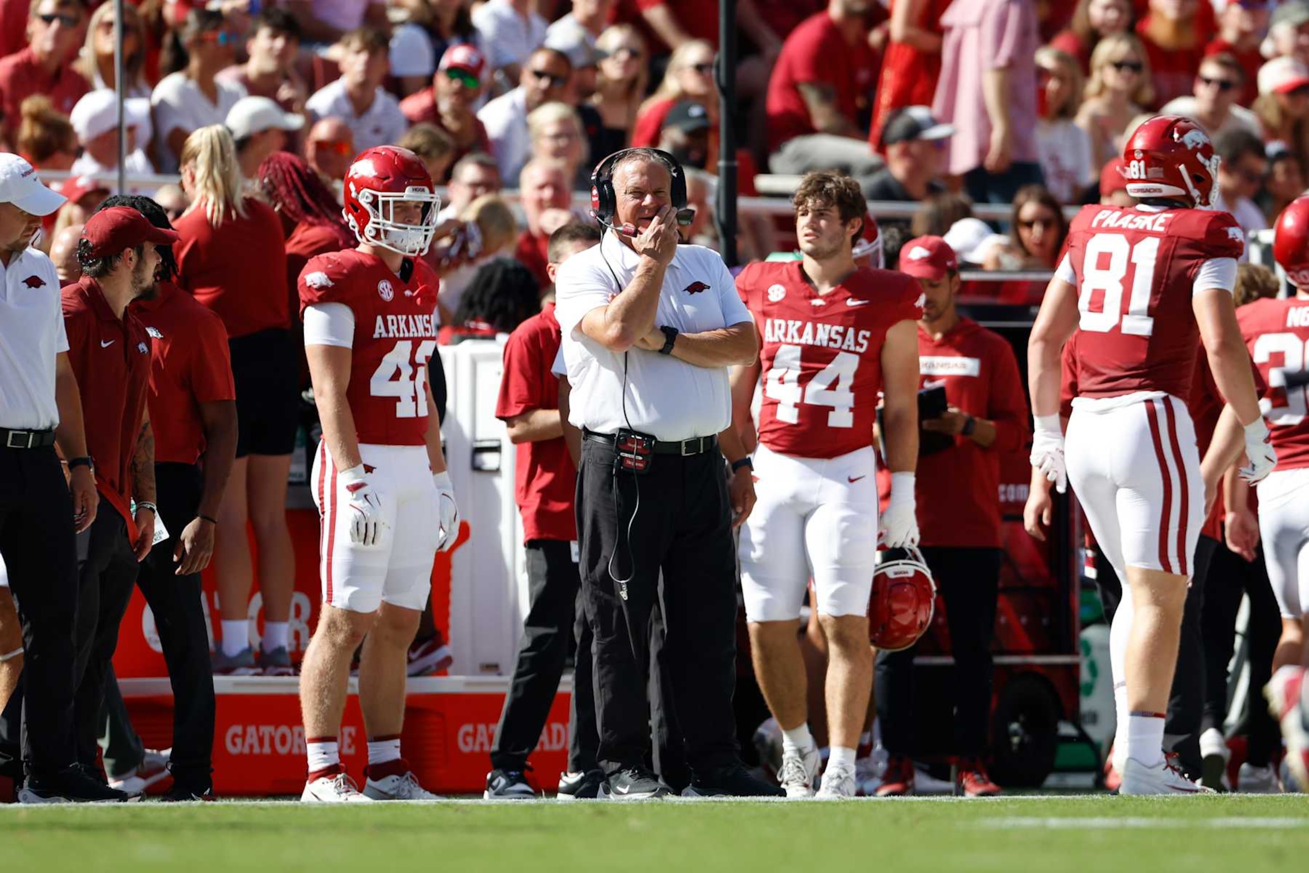 FAYETTEVILLE, AR - SEPTEMBER 14: Arkansas Razorbacks head coach Sam Pittman during the college football game between the UAB Blazers and Arkansas Razorbacks on September 14, 2024, at Donald W. Reynolds Razorback Stadium in Fayetteville, Arkansas. (Photo by Andy Altenburger/Icon Sportswire via Getty Images) FAYETTEVILLE, AR - SEPTEMBER 14: Arkansas Razorbacks head coach Sam Pittman during the college football game between the UAB Blazers and Arkansas Razorbacks on September 14, 2024, at Donald W. Reynolds Razorback Stadium in Fayetteville, Arkansas. (Photo by Andy Altenburger/Icon Sportswire via Getty Images)