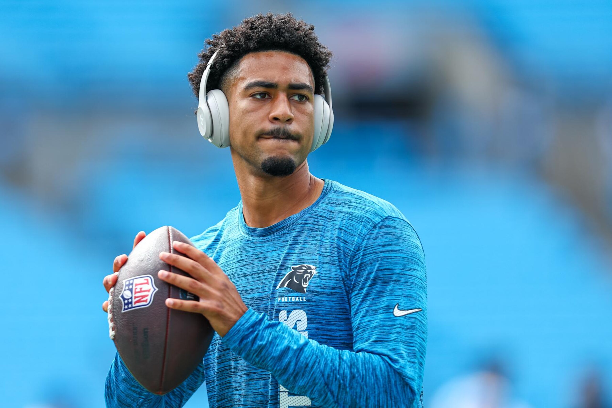 CHARLOTTE, NC - SEPTEMBER 15: Bryce Young #9 of the Carolina Panthers warms up before a football game against the Los Angeles Chargers at Bank of America Stadium on September 15, 2024 in Charlotte, North Carolina. (Photo by David Jensen/Icon Sportswire via Getty Images)