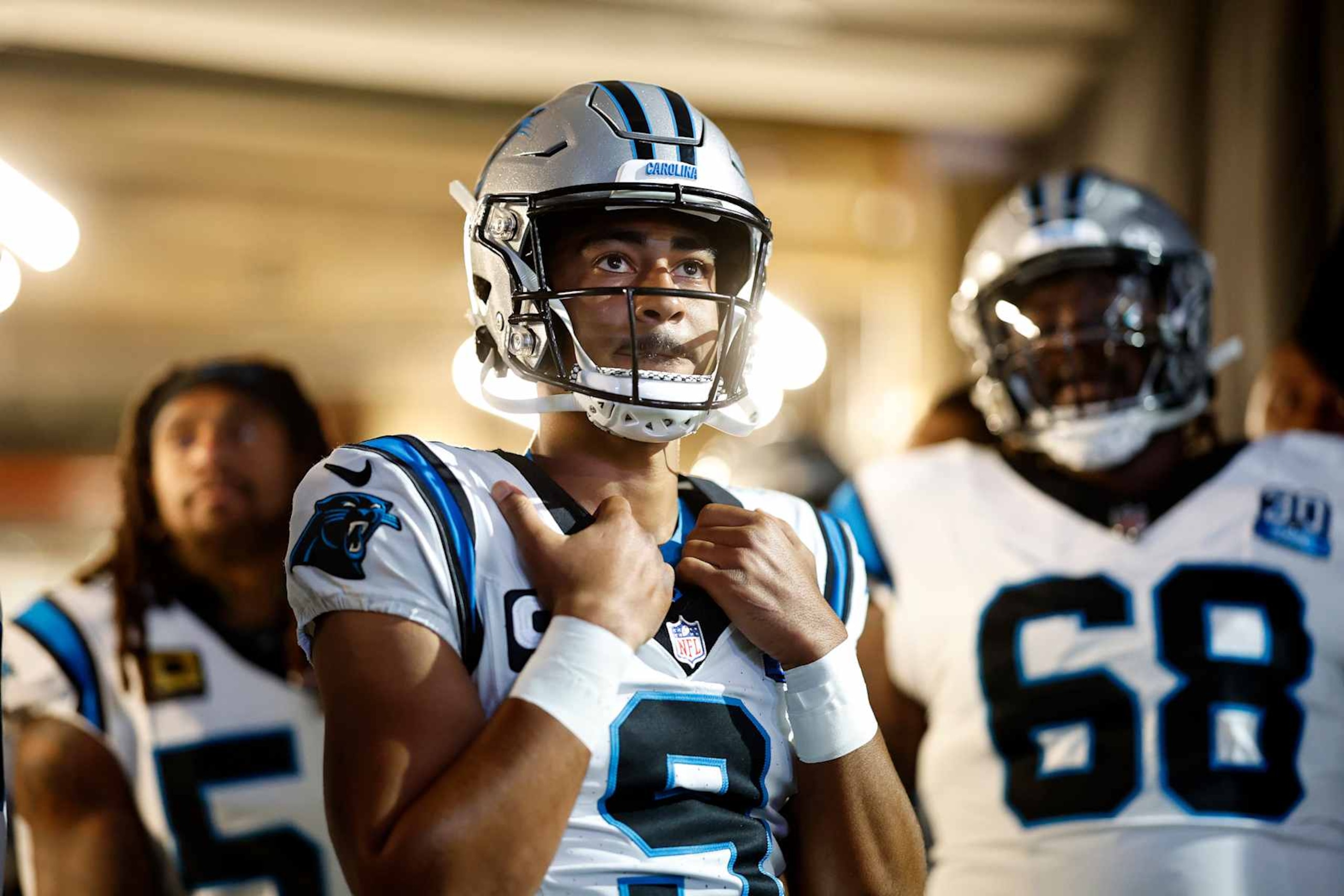 NEW ORLEANS, LOUISIANA - SEPTEMBER 08: Bryce Young #9 of the Carolina Panthers looks on prior to playing the New Orleans Saints at Caesars Superdome on September 08, 2024 in New Orleans, Louisiana. (Photo by Chris Graythen/Getty Images)