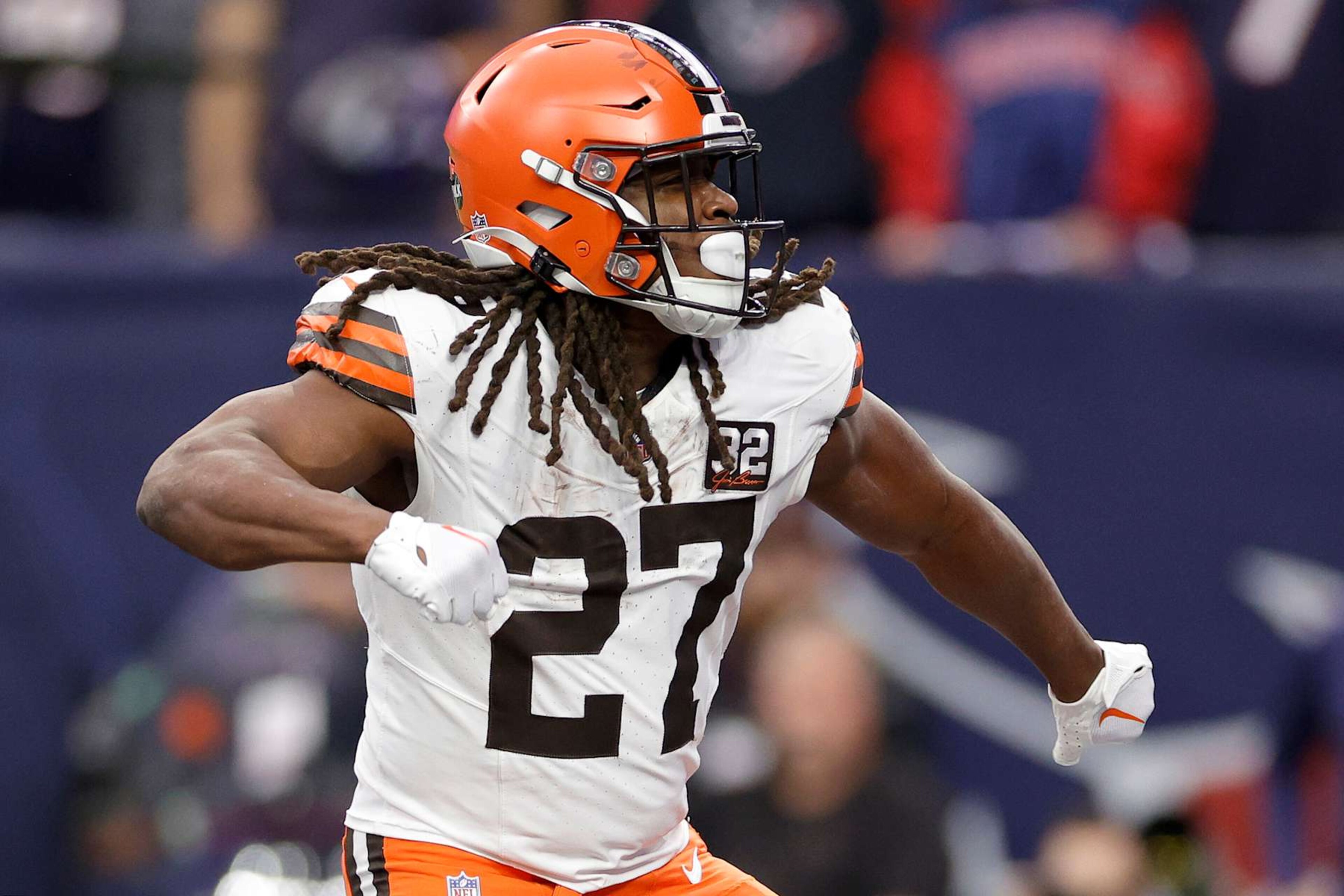 HOUSTON, TEXAS - JANUARY 13: Kareem Hunt #27 of the Cleveland Browns celebrates after scoring a touchdown against the Houston Texans during the first quarter in the AFC Wild Card Playoffs at NRG Stadium on January 13, 2024 in Houston, Texas. (Photo by Carmen Mandato/Getty Images) HOUSTON, TEXAS - JANUARY 13: Kareem Hunt #27 of the Cleveland Browns celebrates after scoring a touchdown against the Houston Texans during the first quarter in the AFC Wild Card Playoffs at NRG Stadium on January 13, 2024 in Houston, Texas. (Photo by Carmen Mandato/Getty Images)