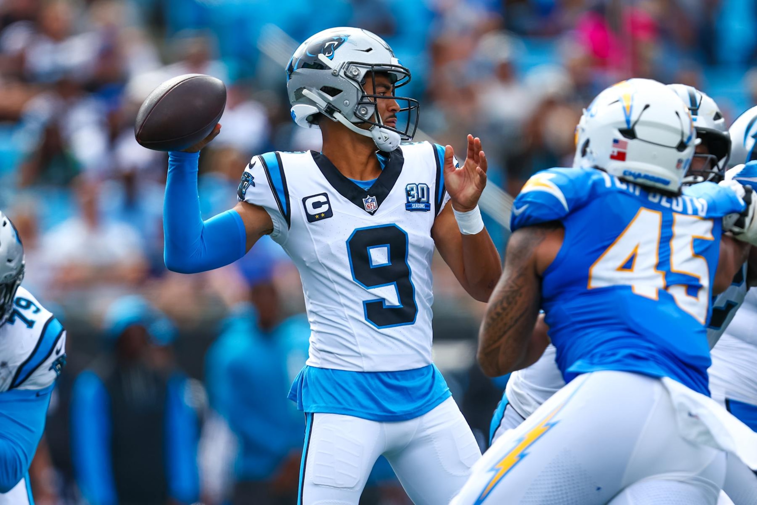 CHARLOTTE, NC - SEPTEMBER 15: Bryce Young #9 of the Carolina Panthers passes the ball during a football game against the Los Angeles Chargers at Bank of America Stadium on September 15, 2024 in Charlotte, North Carolina. (Photo by David Jensen/Icon Sportswire via Getty Images) CHARLOTTE, NC - SEPTEMBER 15: Bryce Young #9 of the Carolina Panthers passes the ball during a football game against the Los Angeles Chargers at Bank of America Stadium on September 15, 2024 in Charlotte, North Carolina. (Photo by David Jensen/Icon Sportswire via Getty Images)
