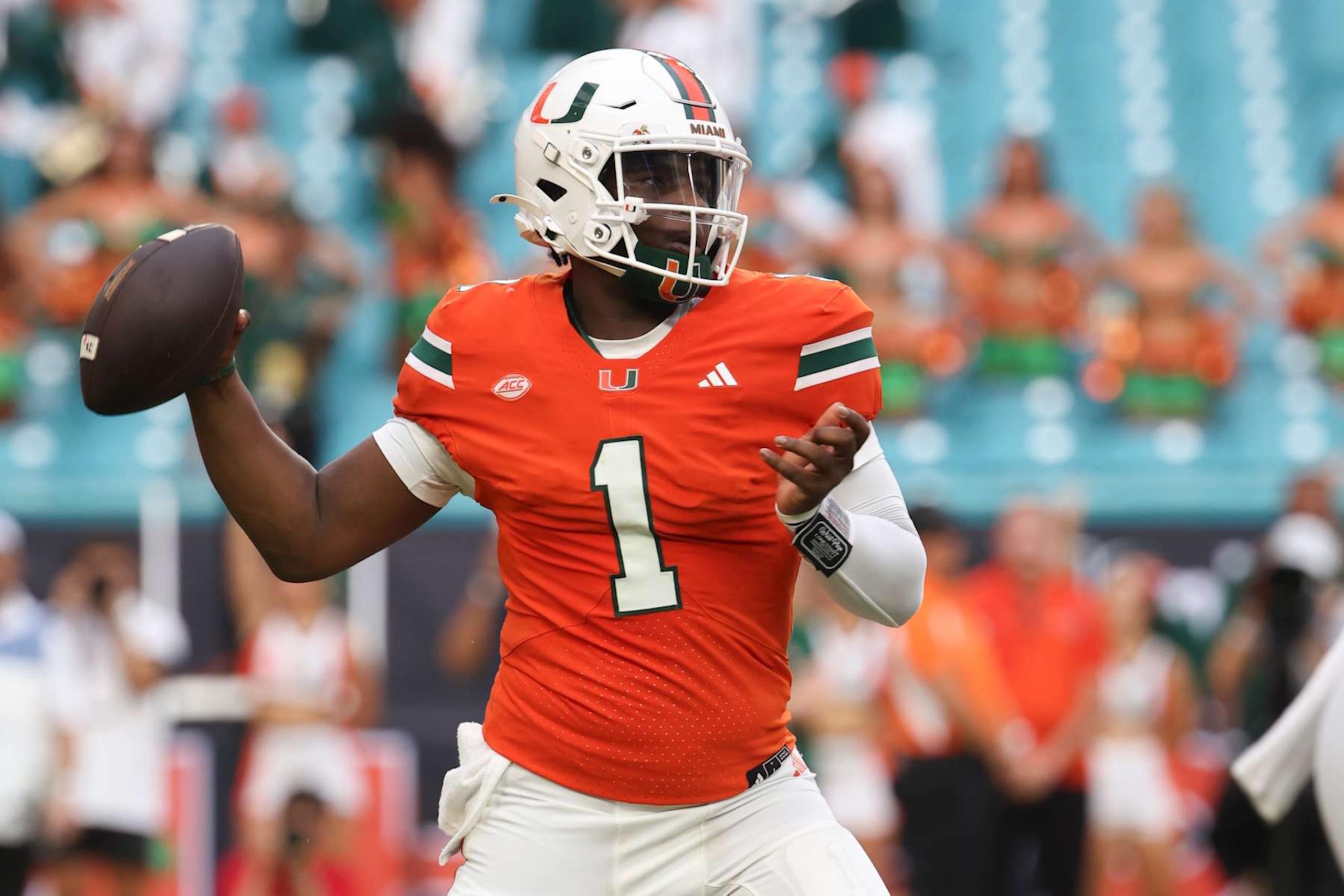 MIAMI GARDENS, FL - SEPTEMBER 14: Miami Hurricanes quarterback Cam Ward (1) makes a pass attempt during the game between the Ball State Cardinals and the Miami Hurricanes on Saturday, September 14, 2024 at Hard Rock Stadium in Miami Gardens, Fla. (Photo by Peter Joneleit/Icon Sportswire via Getty Images) MIAMI GARDENS, FL - SEPTEMBER 14: Miami Hurricanes quarterback Cam Ward (1) makes a pass attempt during the game between the Ball State Cardinals and the Miami Hurricanes on Saturday, September 14, 2024 at Hard Rock Stadium in Miami Gardens, Fla. (Photo by Peter Joneleit/Icon Sportswire via Getty Images)