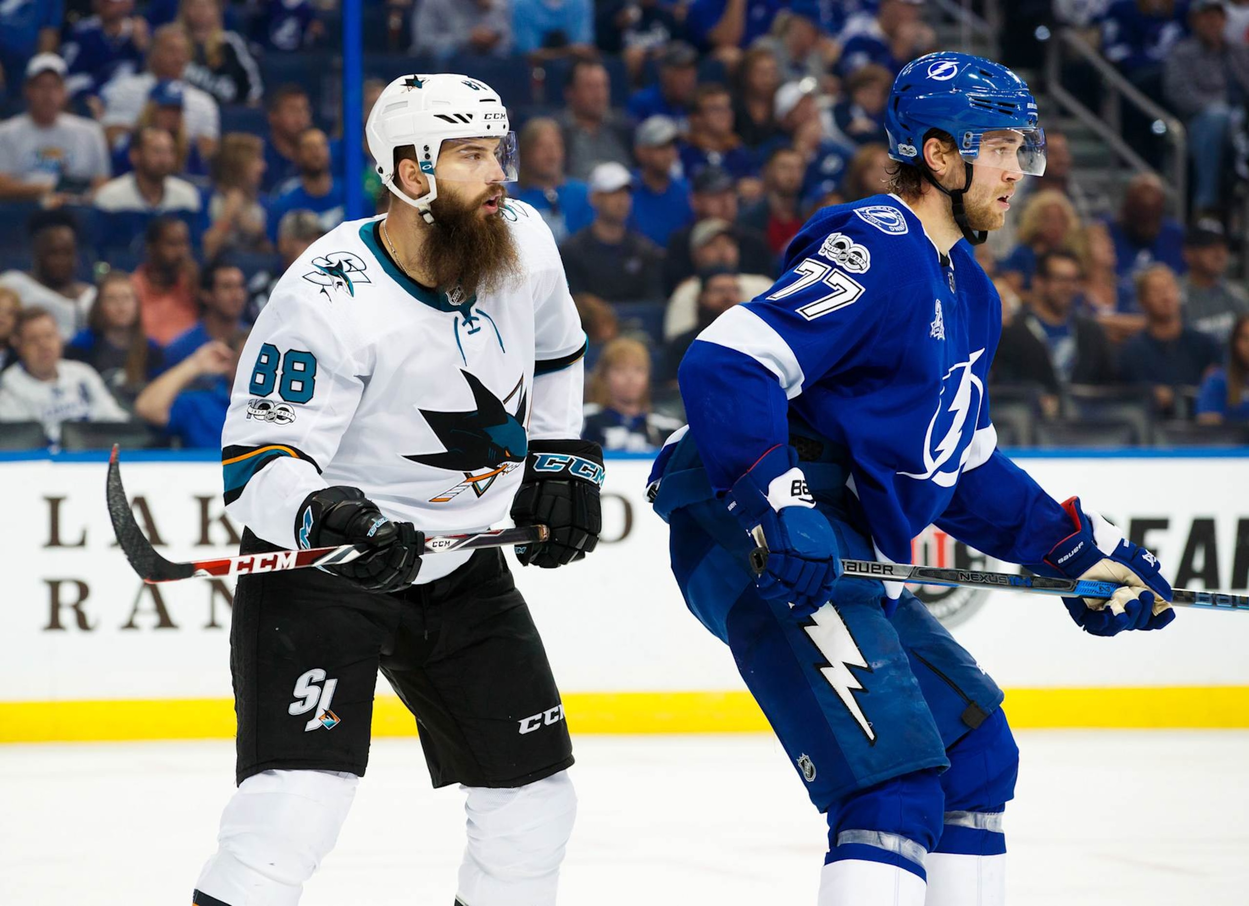 TAMPA, FL - DECEMBER 2: Brent Burns #88 of the San Jose Sharks skates against Victor Hedman #77 of the Tampa Bay Lightning during the second period at Amalie Arena on December 2, 2017 in Tampa, Florida. (Photo by Scott Audette/NHLI via Getty Images) TAMPA, FL - DECEMBER 2: Brent Burns #88 of the San Jose Sharks skates against Victor Hedman #77 of the Tampa Bay Lightning during the second period at Amalie Arena on December 2, 2017 in Tampa, Florida. (Photo by Scott Audette/NHLI via Getty Images)