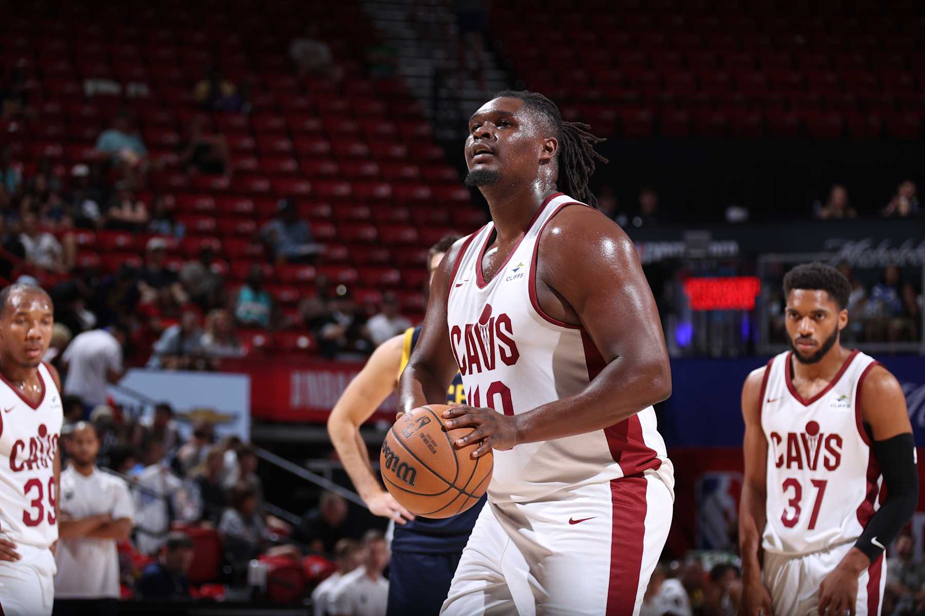 LAS VEGAS, NV - JULY 20: DJ Burns #40 of the Cleveland Cavaliers prepares to shoot a free throw against the Indiana Pacers on July 20, 2024 at the Thomas & Mack Center in Las Vegas, Nevada. NOTE TO USER: User expressly acknowledges and agrees that, by downloading and or using this photograph, User is consenting to the terms and conditions of the Getty Images License Agreement. Mandatory Copyright Notice: Copyright 2023 NBAE (Photo by Stephen Gosling/NBAE via Getty Images)