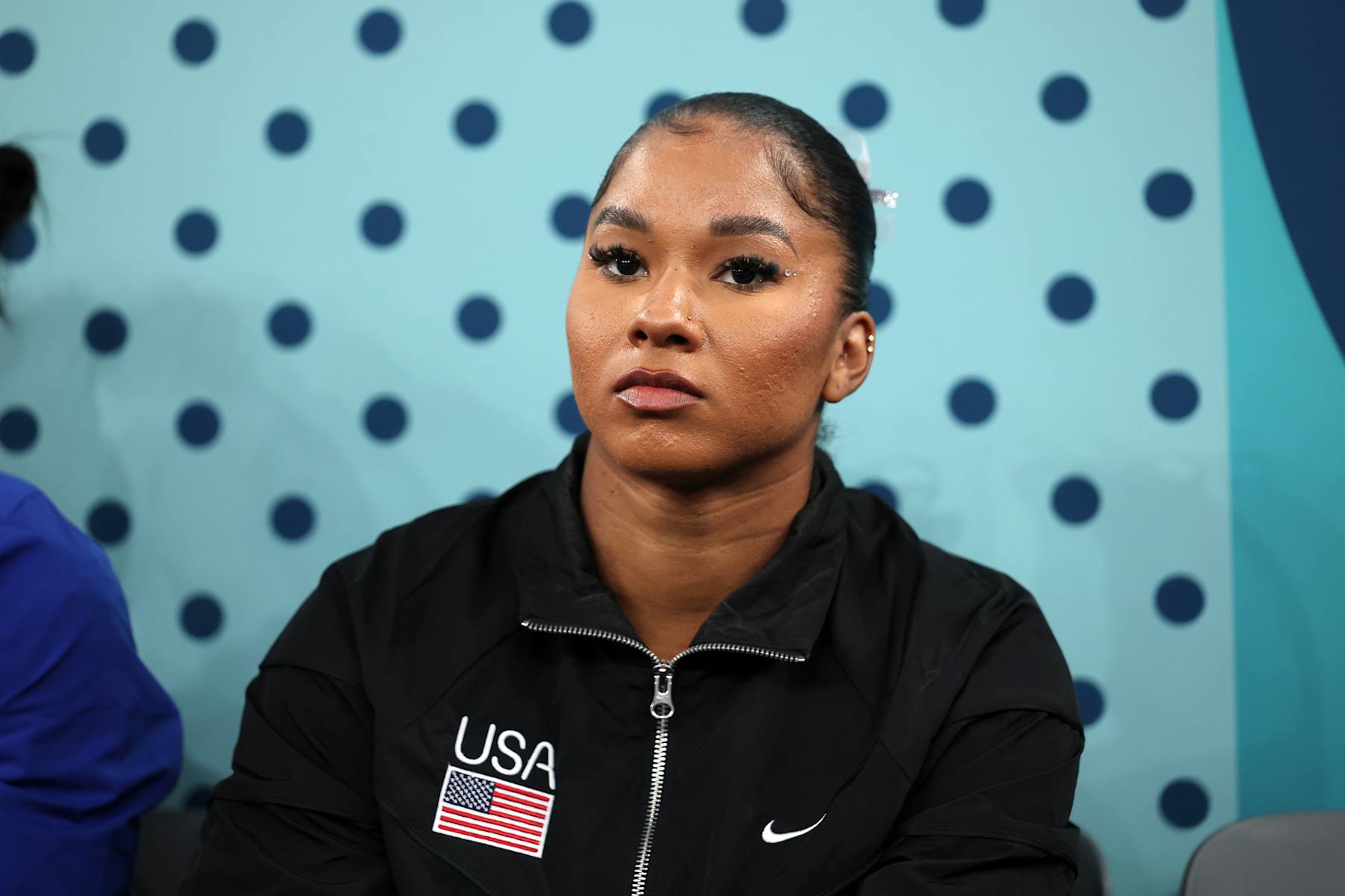 PARIS, FRANCE - AUGUST 05: Jordan Chiles of Team USA looks on ahead of the apparatus floor final on day ten of the Olympic Games Paris 2024 at Bercy Arena on August 05, 2024 in Paris, France. (Photo by Naomi Baker/Getty Images)