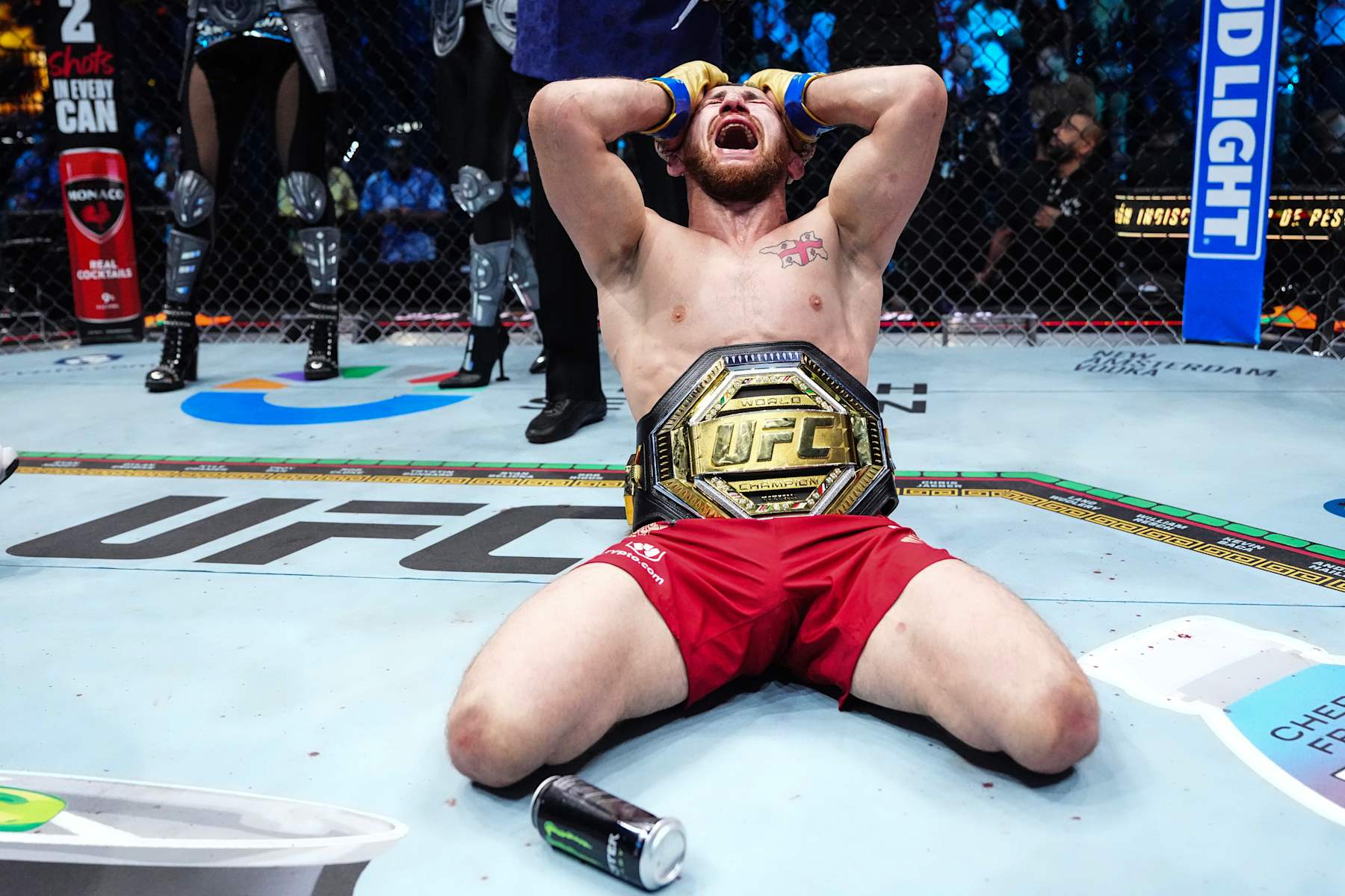 Merab Dvalishvili reacts after his victory against Sean O'Malley