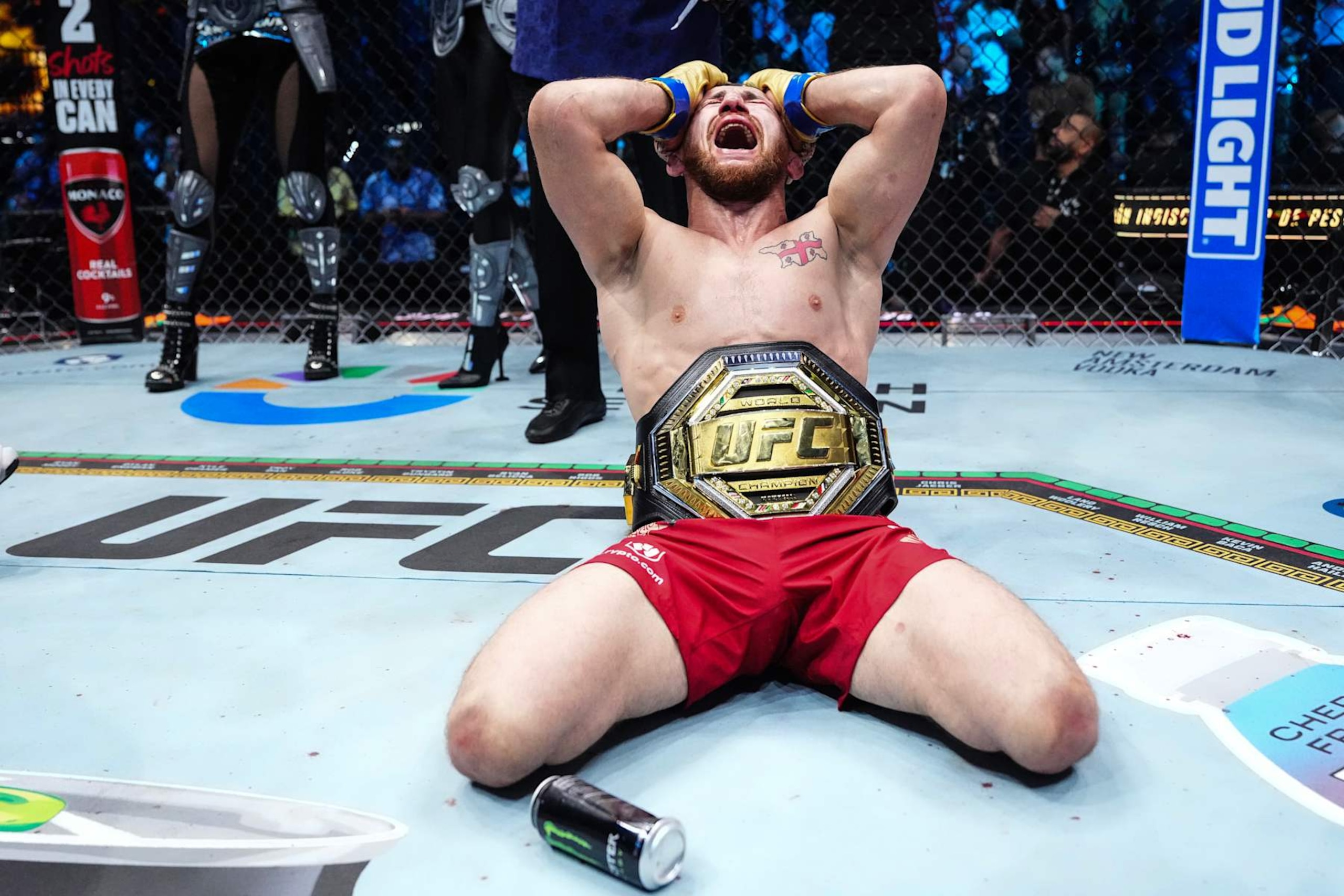 Merab Dvalishvili reacts after his victory against Sean O'Malley