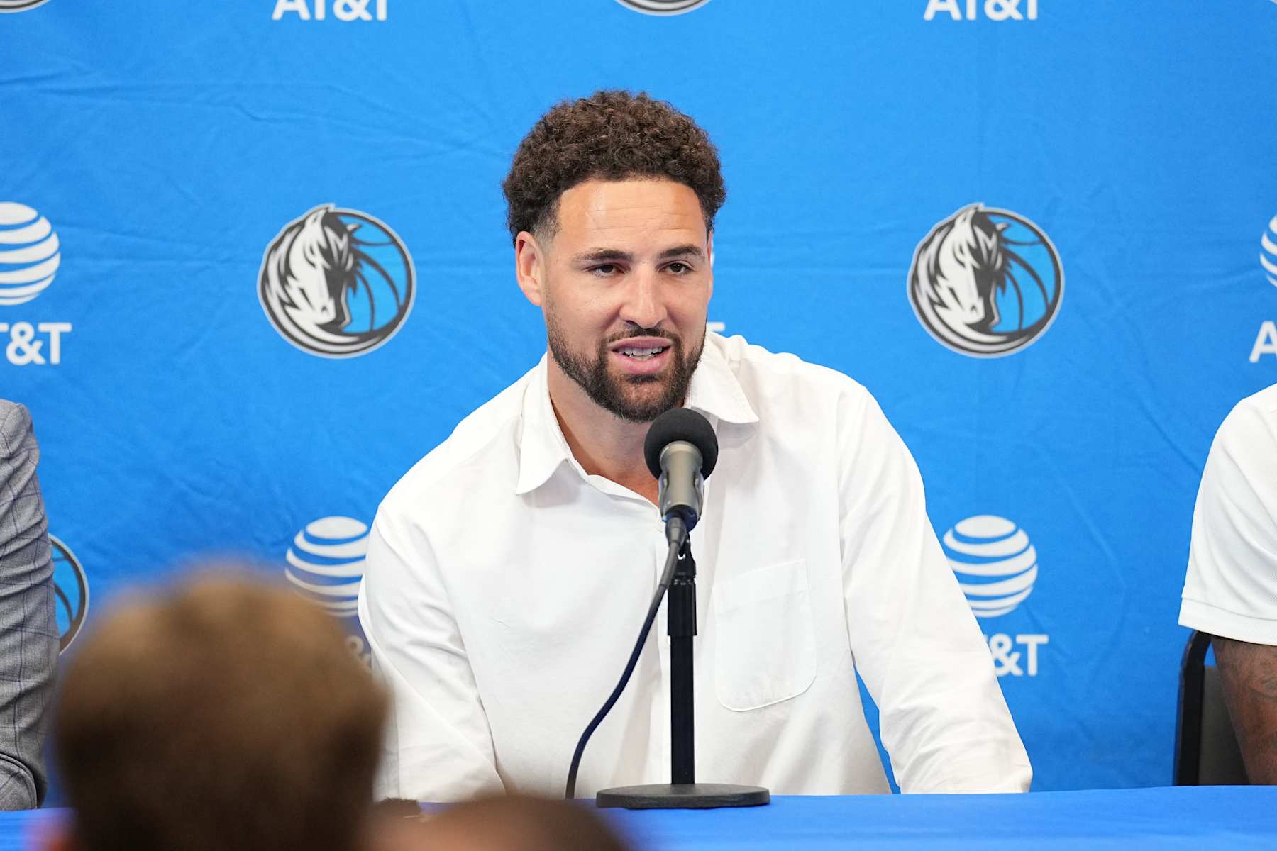 DALLAS TX - JULY 9: The Dallas Mavericks Klay Thompson talks to the meida during a press conference on July 9, 2024 at American Airlines Arena in Dallas Texas. NOTE TO USER: User expressly acknowledges and agrees that, by downloading and or using this photograph, user is consenting to the terms and conditions of the Getty Images License Agreement. Mandatory Copyright Notice: Copyright 2024 NBAE (Photos by Glenn James/NBAE via Getty Images)
