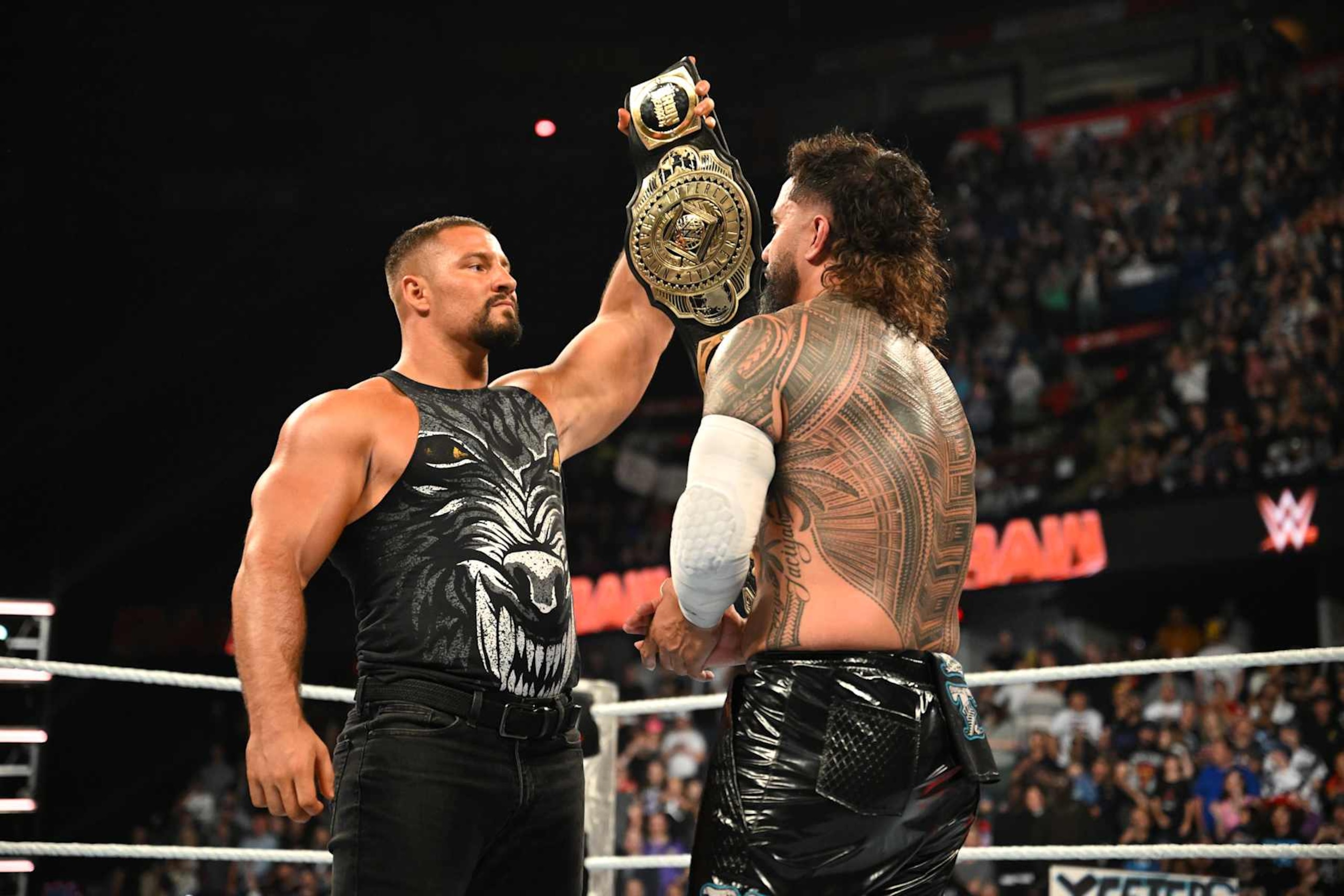CALGARY, CANADA - SEPTEMBER 9: WWE Intercontinental Champion Bron Breakker (L) faces off with Jey Uso after Uso won his fatal-4-way match to become the #1 contender for the Intercontinental title during Monday Night RAW at the Scotiabank Saddledome on September 9, 2024 in Calgary, Canada. (Photo by WWE/Getty Images) CALGARY, CANADA - SEPTEMBER 9: WWE Intercontinental Champion Bron Breakker (L) faces off with Jey Uso after Uso won his fatal-4-way match to become the #1 contender for the Intercontinental title during Monday Night RAW at the Scotiabank Saddledome on September 9, 2024 in Calgary, Canada. (Photo by WWE/Getty Images)