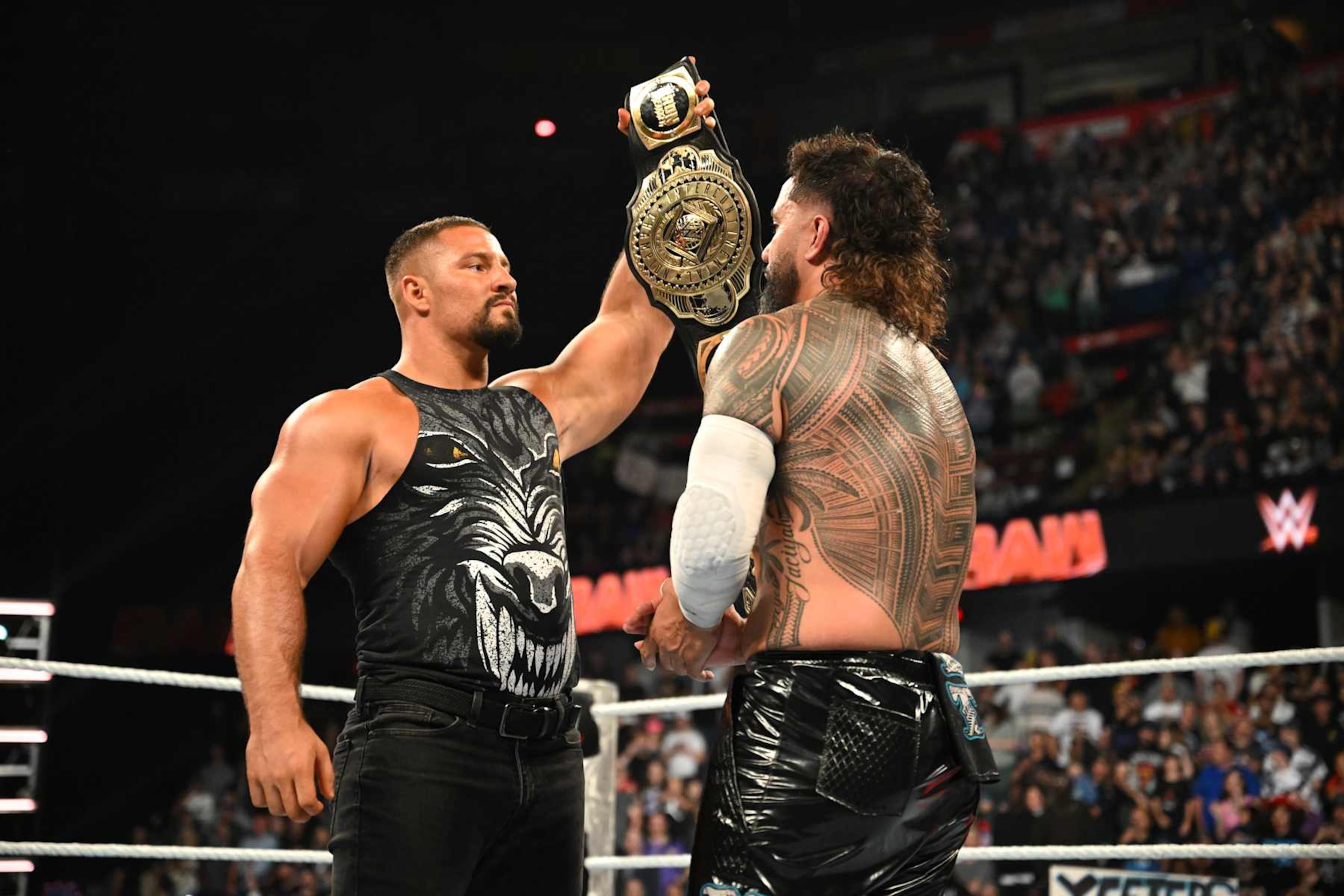 CALGARY, CANADA - SEPTEMBER 9: WWE Intercontinental Champion Bron Breakker (L) faces off with Jey Uso after Uso won his fatal-4-way match to become the #1 contender for the Intercontinental title during Monday Night RAW at the Scotiabank Saddledome on September 9, 2024 in Calgary, Canada. (Photo by WWE/Getty Images) CALGARY, CANADA - SEPTEMBER 9: WWE Intercontinental Champion Bron Breakker (L) faces off with Jey Uso after Uso won his fatal-4-way match to become the #1 contender for the Intercontinental title during Monday Night RAW at the Scotiabank Saddledome on September 9, 2024 in Calgary, Canada. (Photo by WWE/Getty Images)