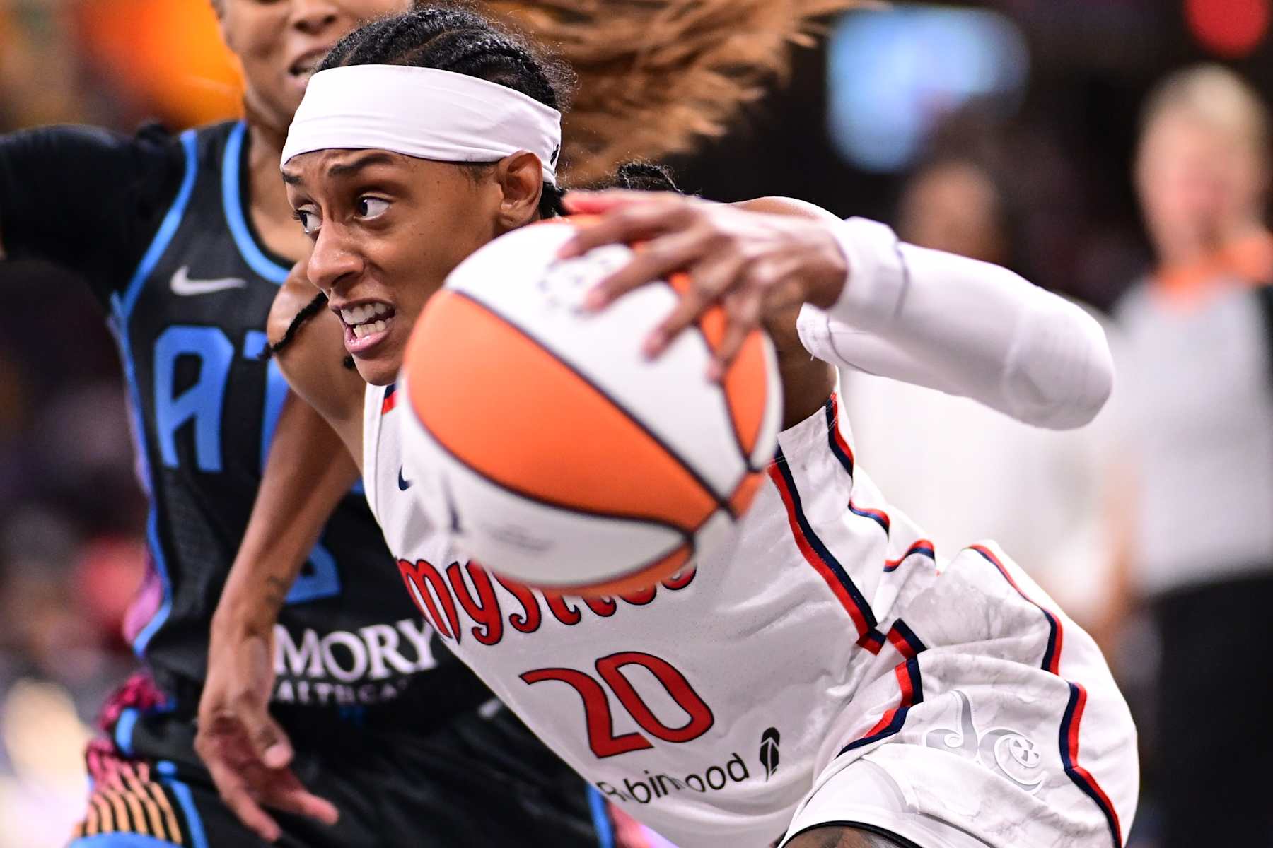 ATLANTA, GA - September 13: Brittney Sykes #20 of the Washington Mystics handles the ball during the game against the Atlanta Dream on September 13, 2024 at Gateway Center Arena at College Park in Atlanta, Georgia. NOTE TO USER: User expressly acknowledges and agrees that, by downloading and or using this photograph, User is consenting to the terms and conditions of the Getty Images License Agreement. Mandatory Copyright Notice: Copyright 2024 NBAE (Photo by Adam Hagy/NBAE via Getty Images)