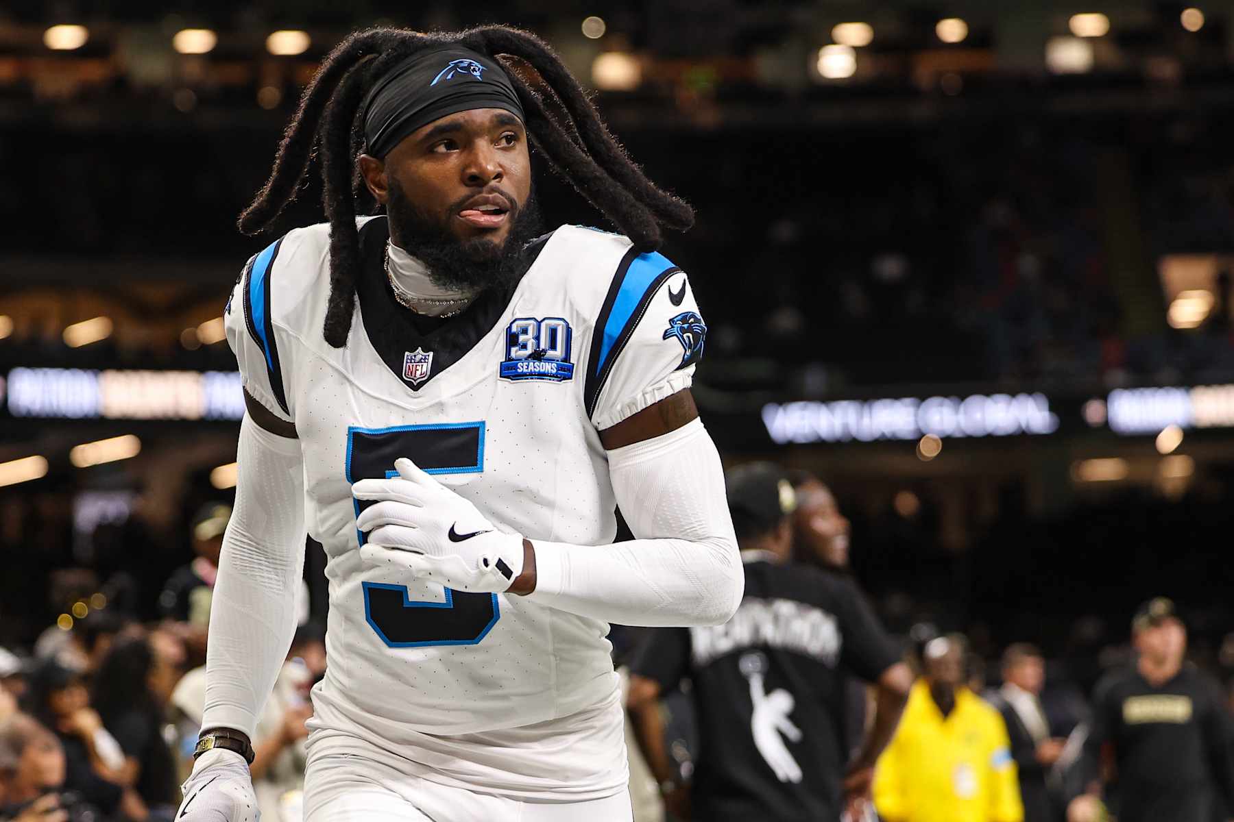NEW ORLEANS, LA - SEPTEMBER 08: Diontae Johnson #5 of the Carolina Panthers warms up prior to an NFL football game against the New Orleans Saints at Caesars Superdome on September 8, 2024 in New Orleans, Louisiana. (Photo by Perry Knotts/Getty Images)