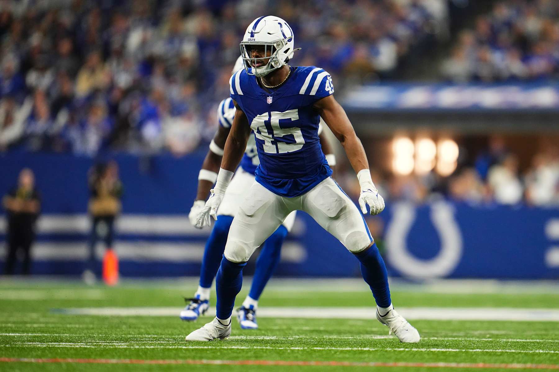 INDIANAPOLIS, IN - JANUARY 06: E.J. Speed #45 of the Indianapolis Colts defends in coverage during an NFL football game against the Houston Texans at Lucas Oil Stadium on January 6, 2024 in Indianapolis, Indiana. (Photo by Cooper Neill/Getty Images)