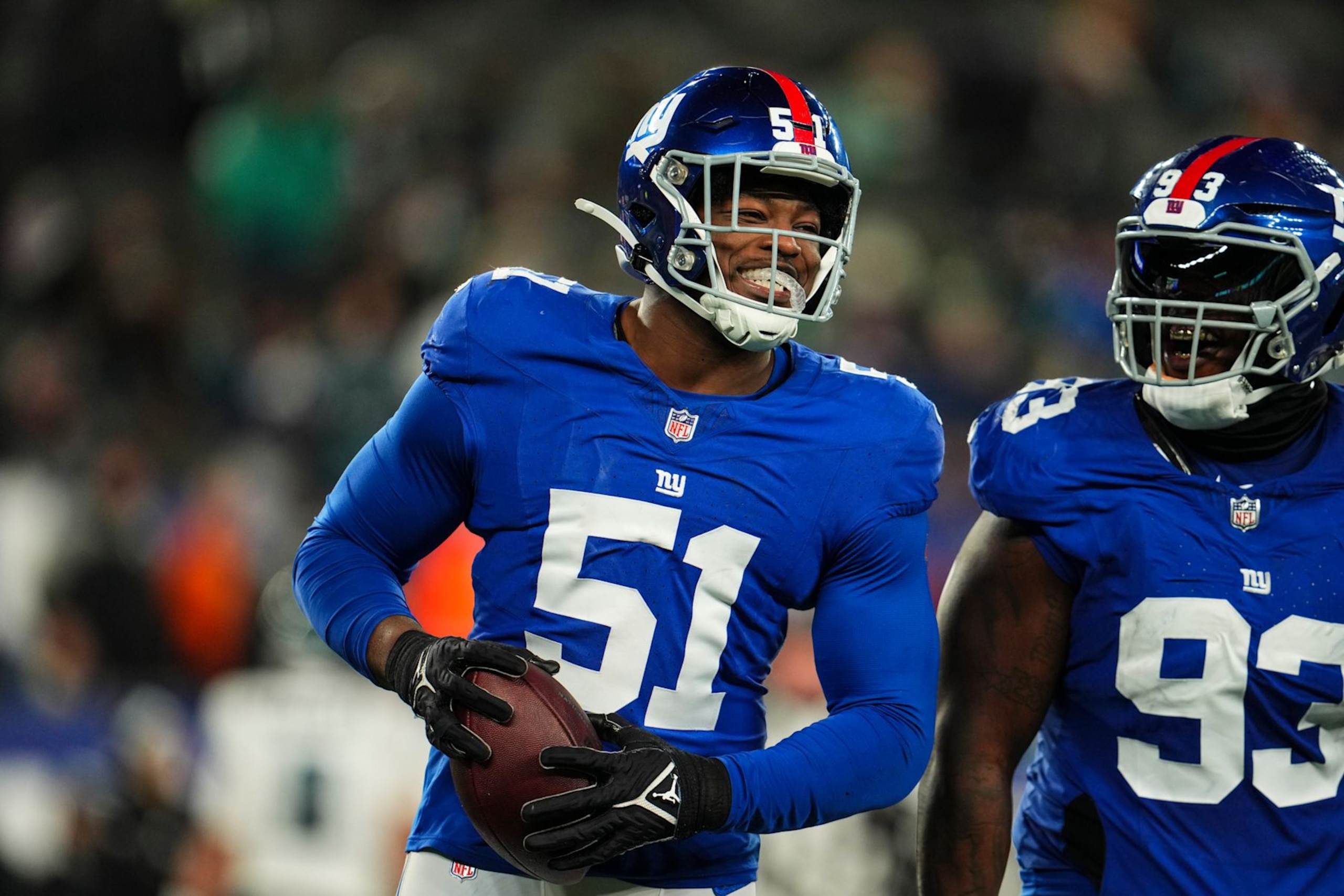 EAST RUTHERFORD, NJ - JANUARY 07: Azeez Ojulari #51 of the New York Giants celebrates during an NFL football game against the Philadelphia Eagles at MetLife Stadium on January 7, 2024 in East Rutherford, New Jersey. (Photo by Cooper Neill/Getty Images)
