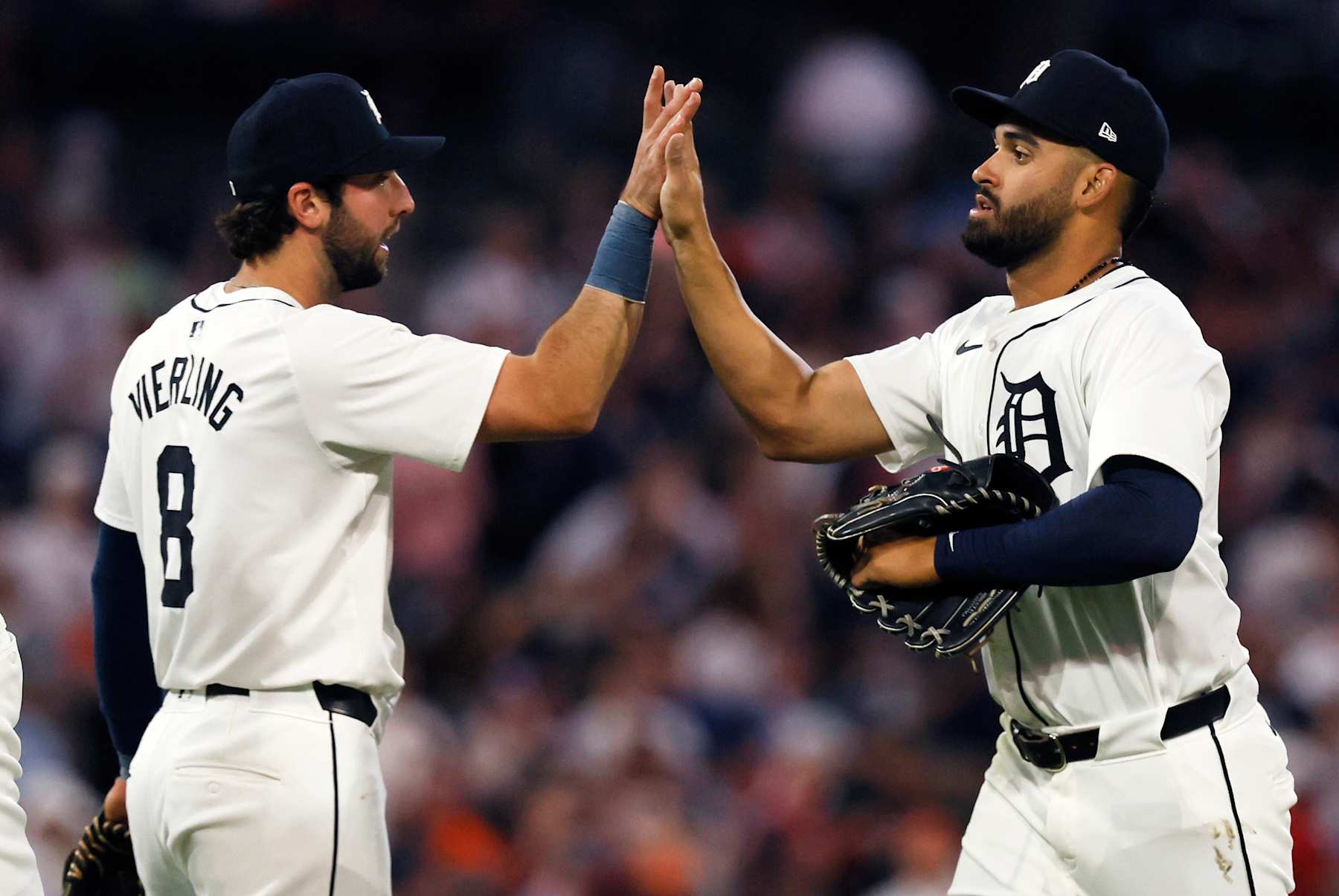 DETROIT, MI -  APRIL 27:  Matt Vierling #8 of the Detroit Tigers celebrates with Riley Greene #31 after a 6-5 win over the Kansas City Royals at Comerica Park on April 27, 2024 in Detroit, Michigan. (Photo by Duane Burleson/Getty Images)