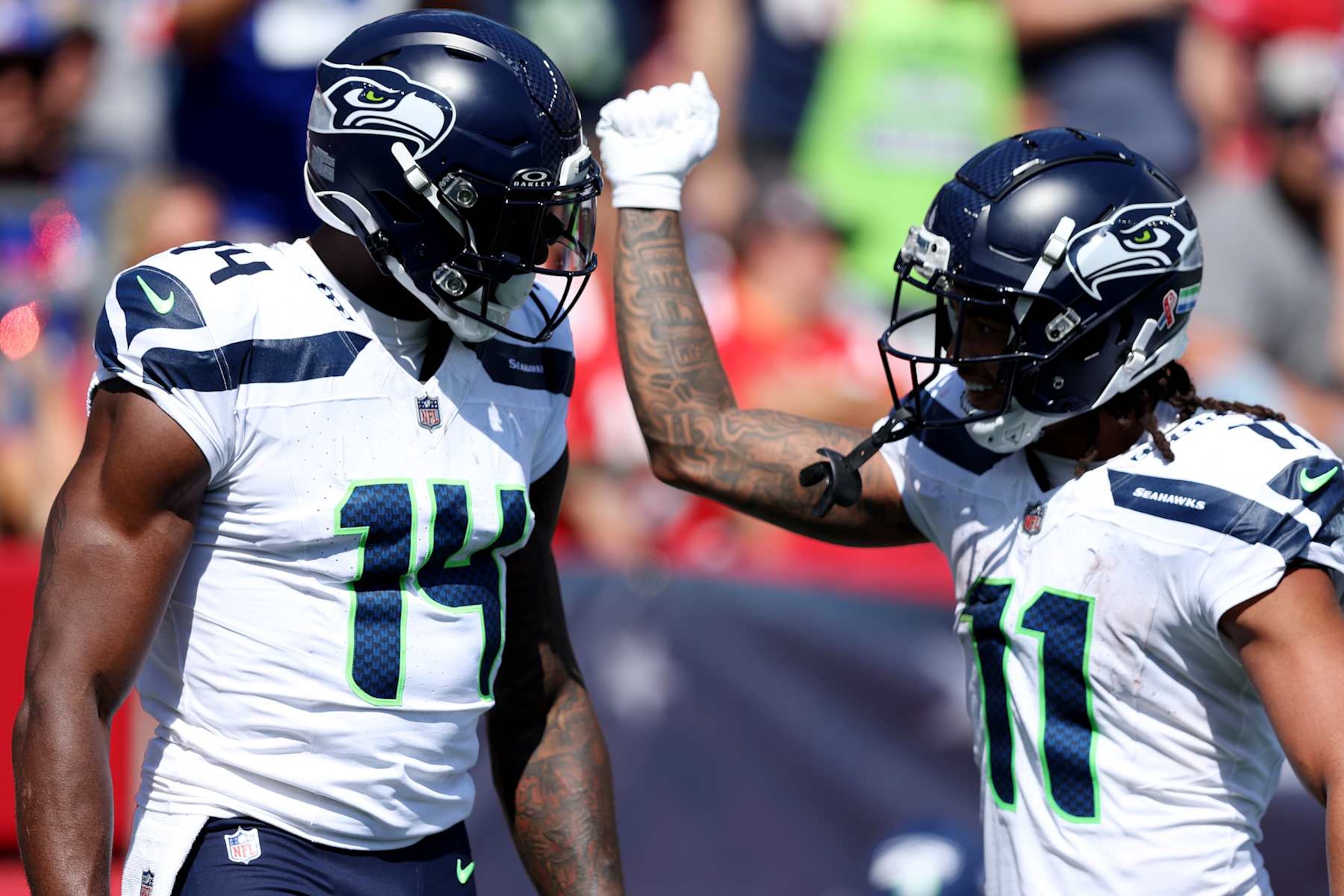 Seahawks WRs D.K. Metcalf (left) and Jaxon Smith-Njigba (right) Seahawks WRs D.K. Metcalf (left) and Jaxon Smith-Njigba (right)