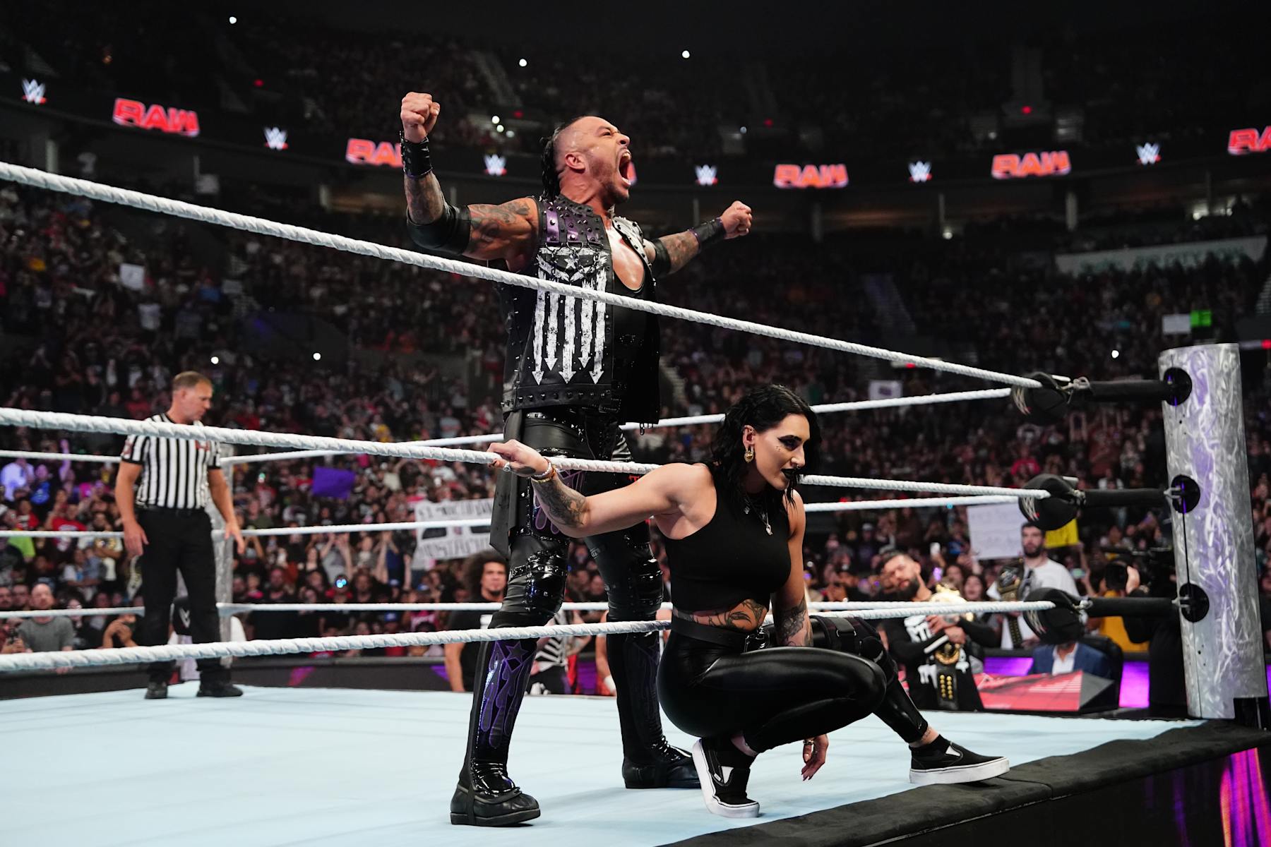PORTLAND, OREGON - SEPTEMBER 16: Damian Priest and Rhea Ripley (Terror Twins) make their entrance during Monday Night RAW at Moda Center on September 16, 2024 in Portland, Oregon.  (Photo by WWE/Getty Images)