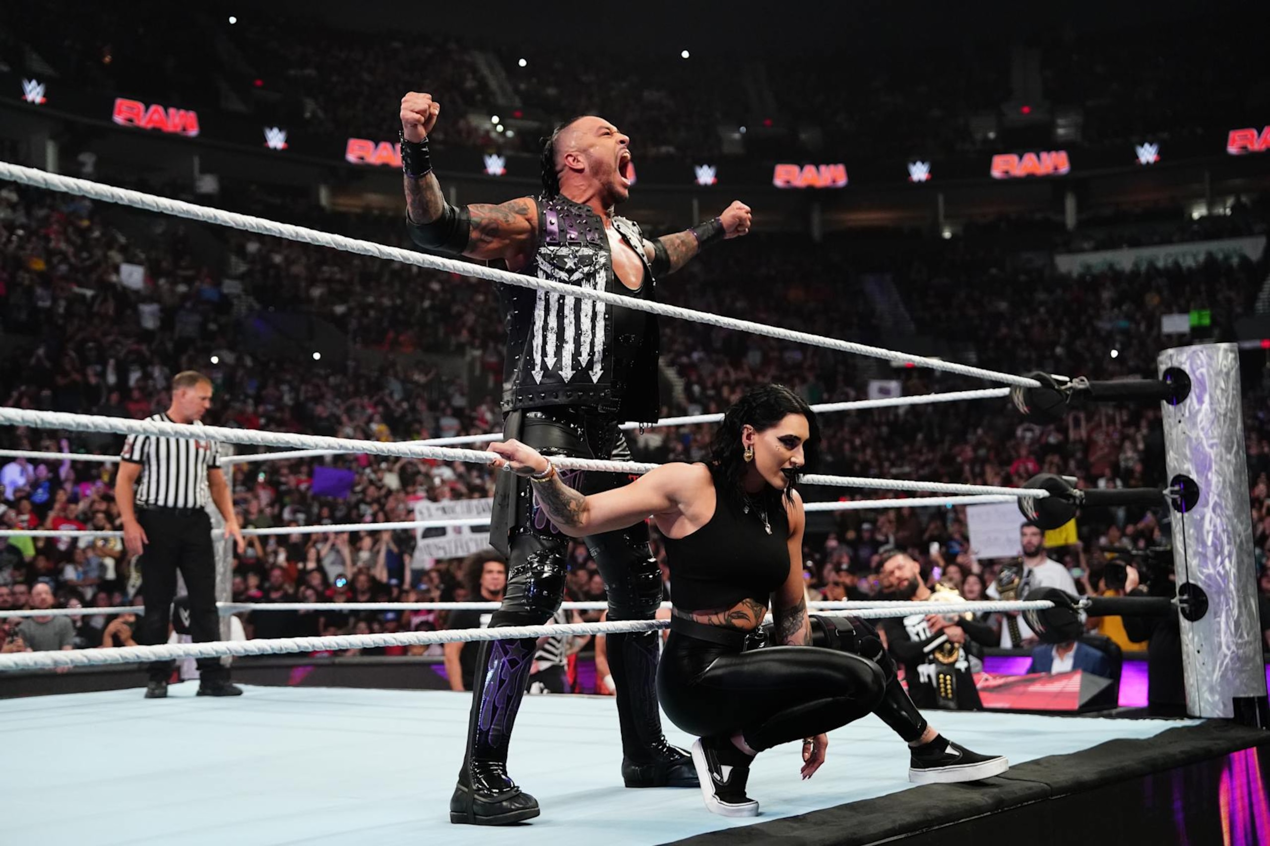 PORTLAND, OREGON - SEPTEMBER 16: Damian Priest and Rhea Ripley (Terror Twins) make their entrance during Monday Night RAW at Moda Center on September 16, 2024 in Portland, Oregon.  (Photo by WWE/Getty Images)