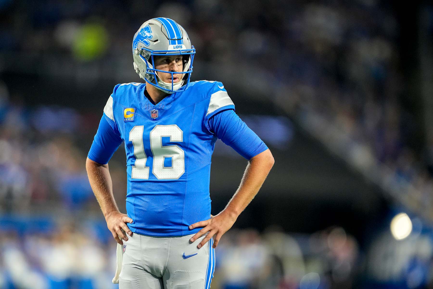 DETROIT, MICHIGAN - SEPTEMBER 15: Jared Goff #16 of the Detroit Lions looks on during the game against the Tampa Bay Buccaneers at Ford Field on September 15, 2024 in Detroit, Michigan. (Photo by Nic Antaya/Getty Images)