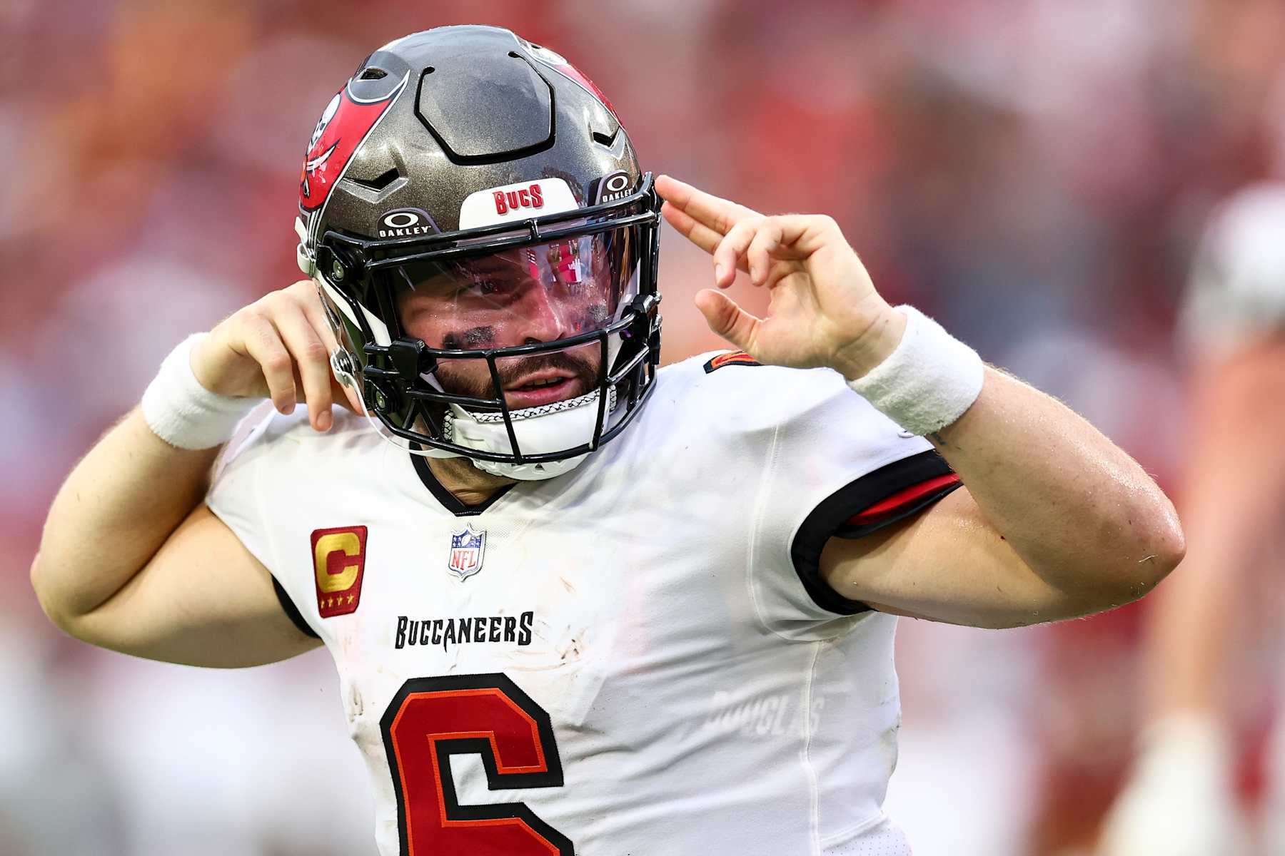 TAMPA, FL - SEPTEMBER 8: Baker Mayfield #6 of the Tampa Bay Buccaneers celebrates after a play during the fourth quarter of an NFL football game against the Washington Commanders at Raymond James Stadium on September 8, 2024 in Tampa, Florida. (Photo by Kevin Sabitus/Getty Images)