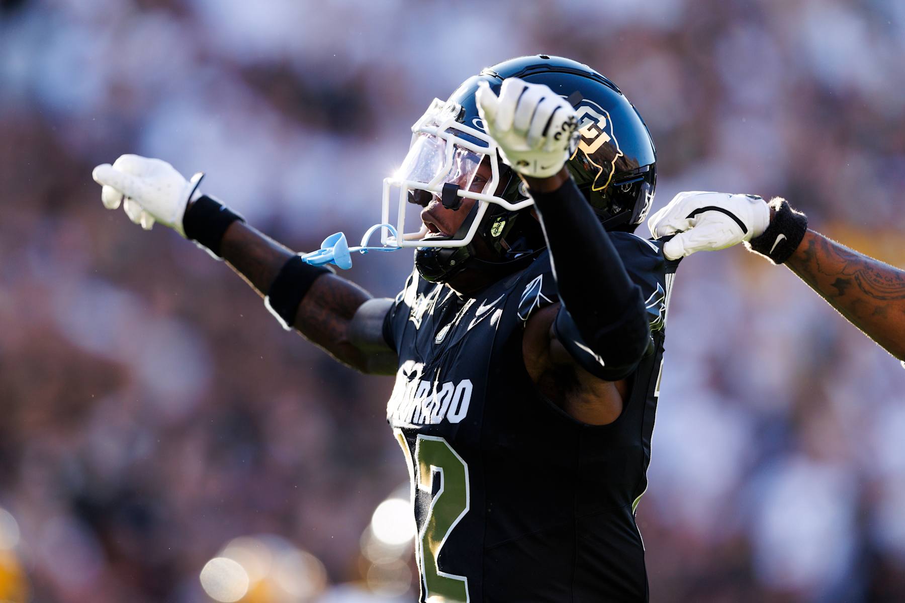 BOULDER, COLORADO - AUGUST 29: Travis Hunter #12 of the Colorado Buffaloes celebrates his touchdown during a game against North Dakota State Bison at Folsom Field on August 29, 2024 in Boulder, Colorado. (Photo by Ric Tapia/Getty Images)
