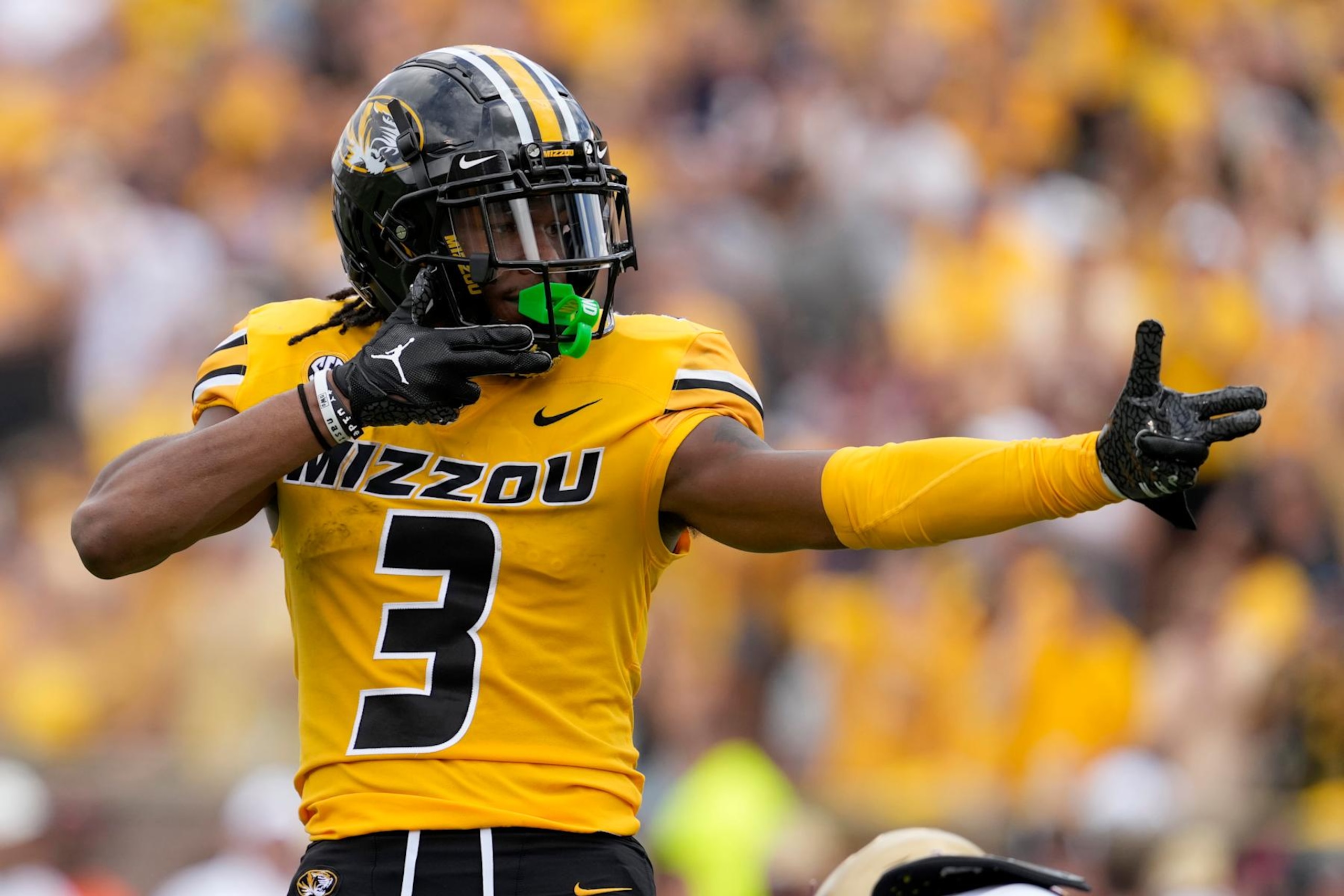 COLUMBIA, MISSOURI - SEPTEMBER 14: Wide receiver Luther Burden III #3 of the Missouri Tigers celebrates a run against the Boston College Eagles in the second half at Faurot Field/Memorial Stadium on September 14, 2024 in Columbia, Missouri. (Photo by Ed Zurga/Getty Images) COLUMBIA, MISSOURI - SEPTEMBER 14: Wide receiver Luther Burden III #3 of the Missouri Tigers celebrates a run against the Boston College Eagles in the second half at Faurot Field/Memorial Stadium on September 14, 2024 in Columbia, Missouri. (Photo by Ed Zurga/Getty Images)