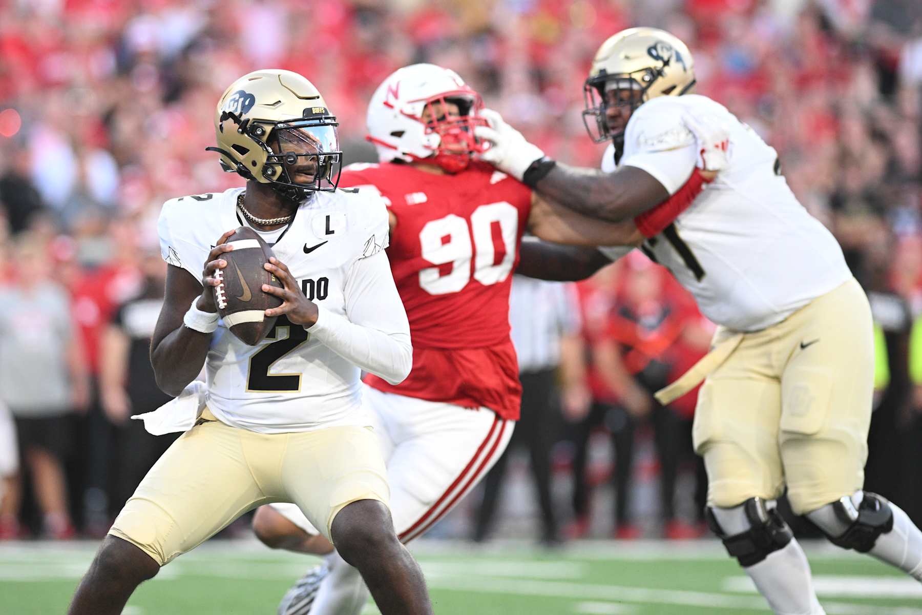 LINCOLN, NEBRASKA - SEPTEMBER 7: Shedeur Sanders #2 of the Colorado Buffaloes drops back to pass against the Nebraska Cornhuskers at Memorial Stadium on September 7, 2024 in Lincoln, Nebraska. (Photo by Steven Branscombe/Getty Images)