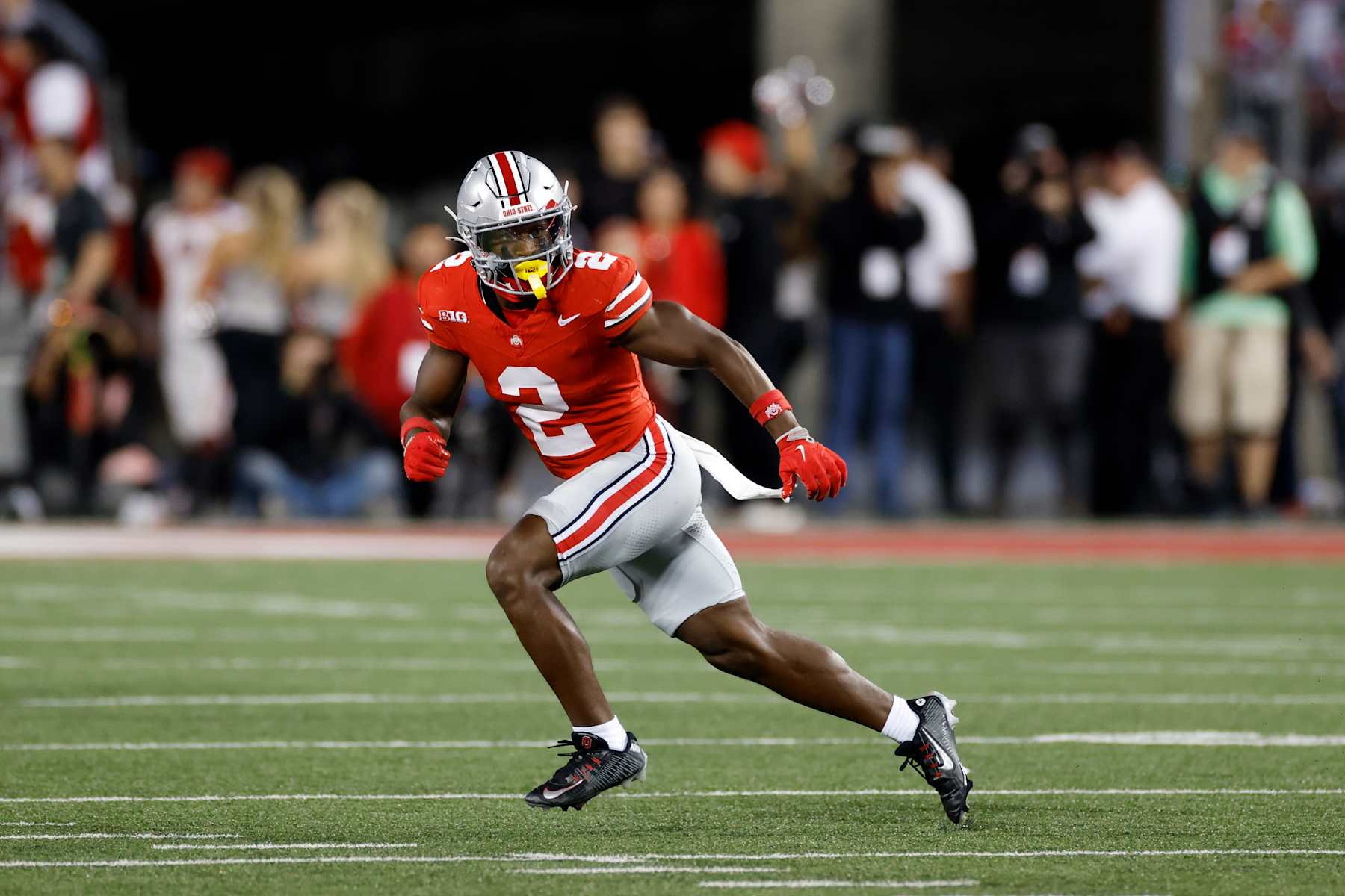 COLUMBUS, OH - SEPTEMBER 07: Ohio State Buckeyes safety Caleb Downs (2) drops into coverage on defense during a college football game against the Western Michigan Broncos on September 07, 2024 at Ohio Stadium in Columbus, Ohio. (Photo by Joe Robbins/Icon Sportswire via Getty Images)