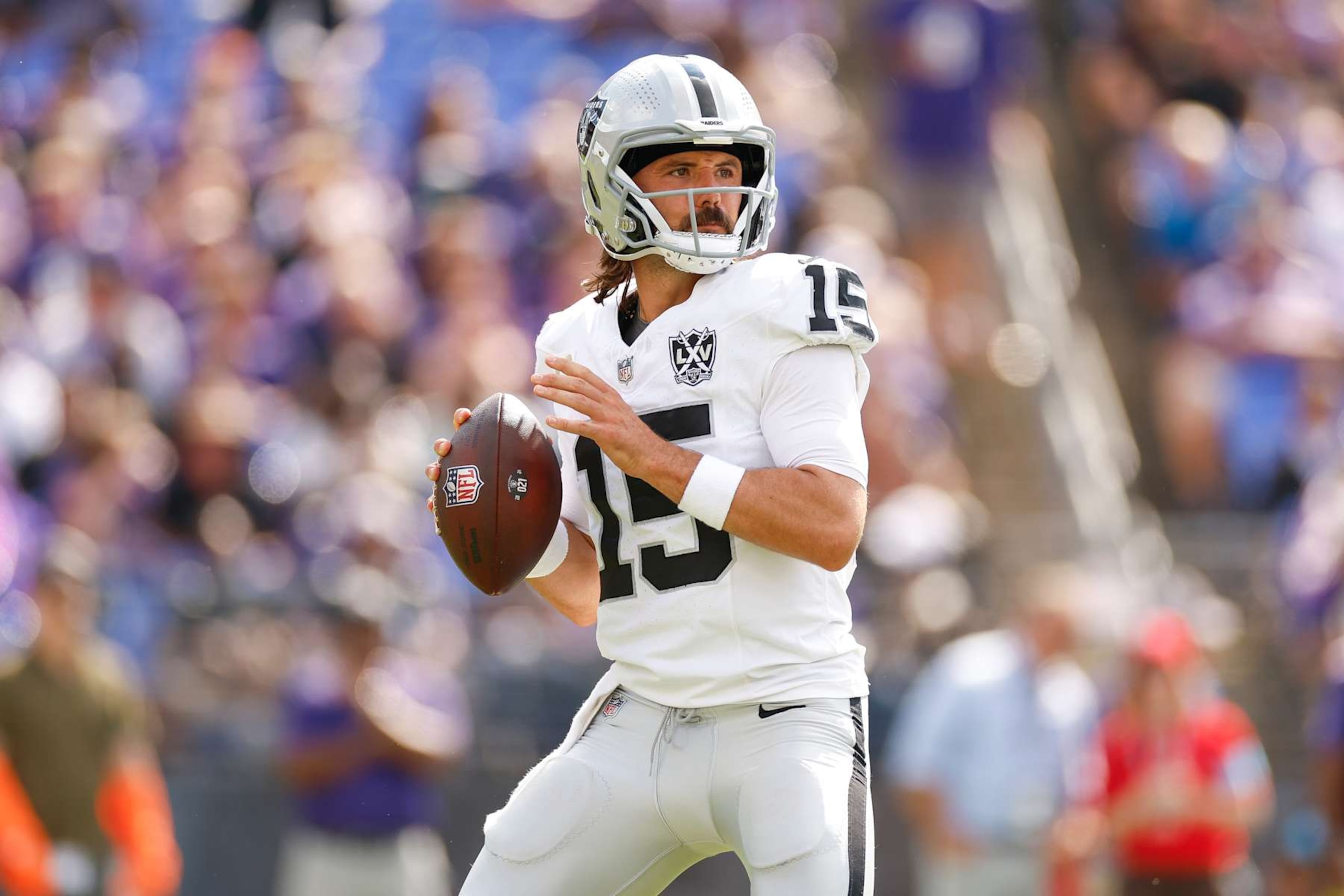 BALTIMORE, MARYLAND - SEPTEMBER 15: Gardner Minshew #15 of the Las Vegas Raiders throws a pass during the second half against the Baltimore Ravens at M&T Bank Stadium on September 15, 2024 in Baltimore, Maryland. (Photo by Brandon Sloter/Getty Images)