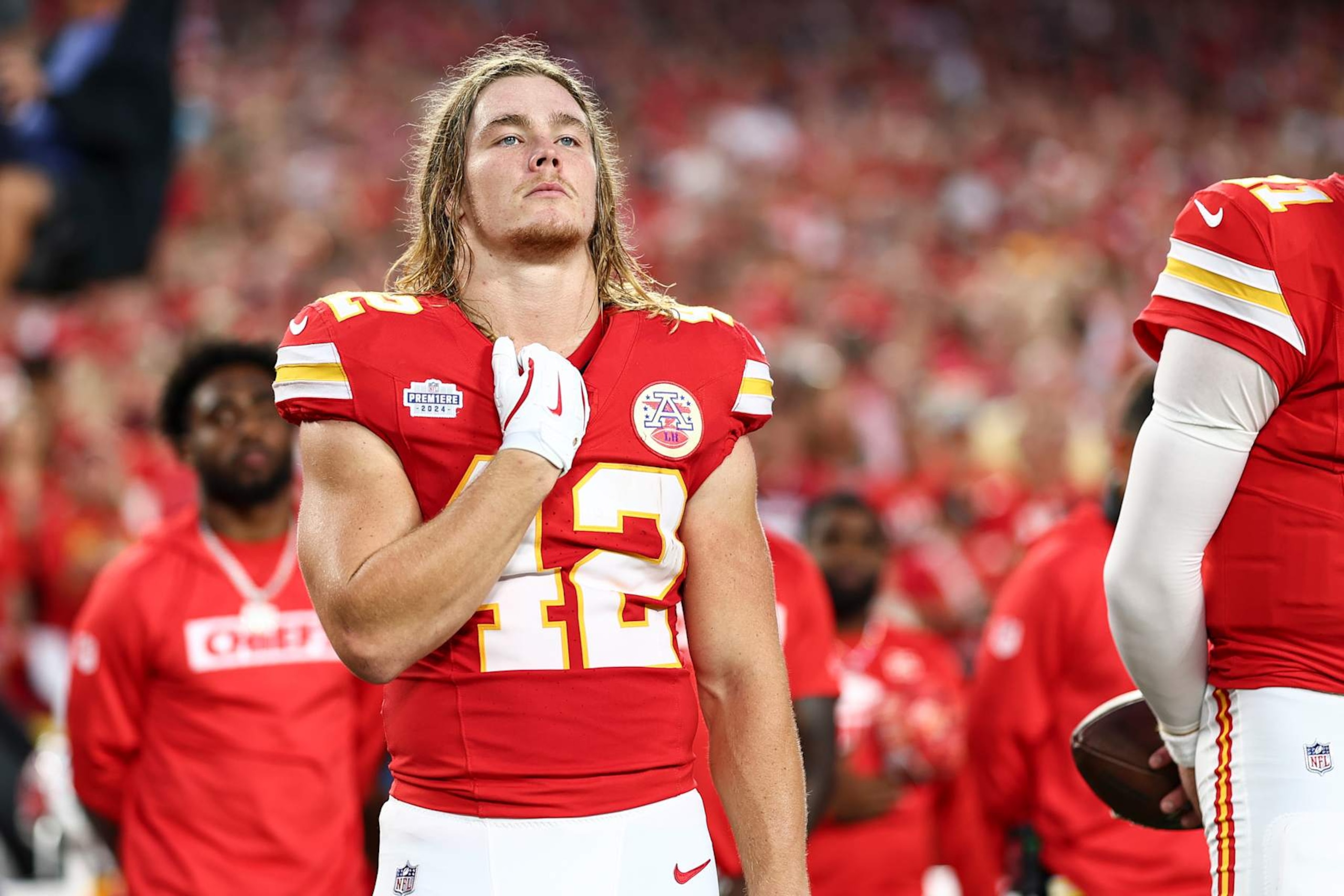 KANSAS CITY, MO - SEPTEMBER 5: Carson Steele #42 of the Kansas City Chiefs stands on the sidelines during the national anthem prior to an NFL football game against the Baltimore Ravens at GEHA Field at Arrowhead Stadium on September 5, 2024 in Kansas City, Missouri. (Photo by Kevin Sabitus/Getty Images)
