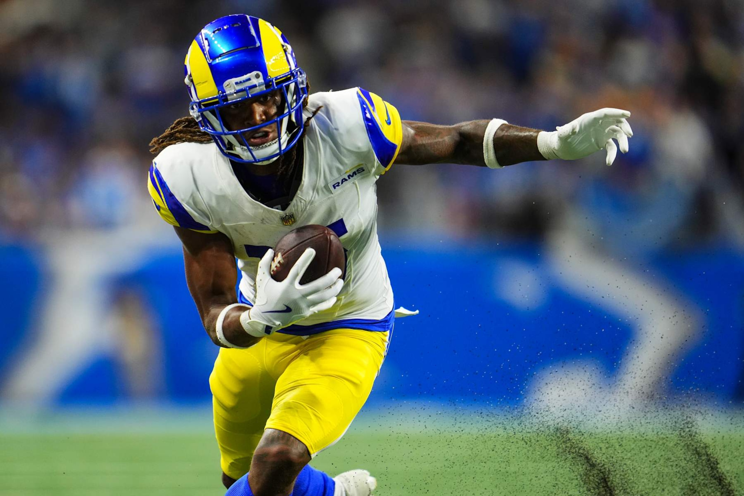 DETROIT, MI - SEPTEMBER 08: Demarcus Robinson #15 of the Los Angeles Rams runs the ball during an NFL football game against the Detroit Lions at Ford Field on September 8, 2024 in Detroit, Michigan. (Photo by Cooper Neill/Getty Images)