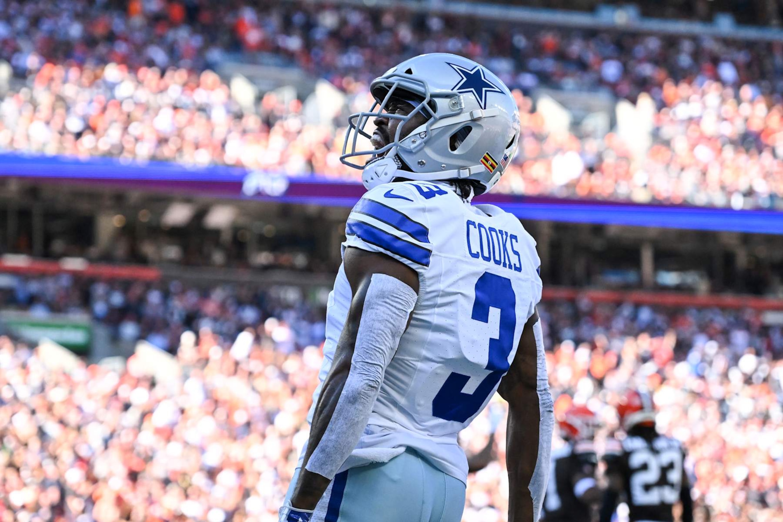CLEVELAND, OHIO - SEPTEMBER 08: Brandin Cooks #3 of the Dallas Cowboys celebrates catching a 21-yard touchdown pass during the first quarter against the Cleveland Browns at Huntington Bank Field on September 08, 2024 in Cleveland, Ohio. (Photo by Nick Cammett/Diamond Images via Getty Images)