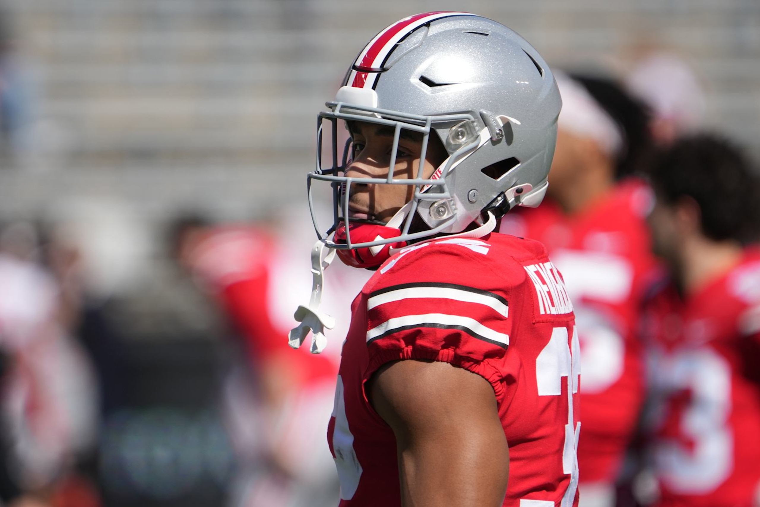 COLUMBUS, OH - APRIL 13: Ohio State Buckeyes running back TreVeyon Henderson (32) warms up before the Ohio State Spring Game at Ohio Stadium in Columbus, Ohio on April 13, 2024. (Photo by Jason Mowry/Icon Sportswire via Getty Images)
