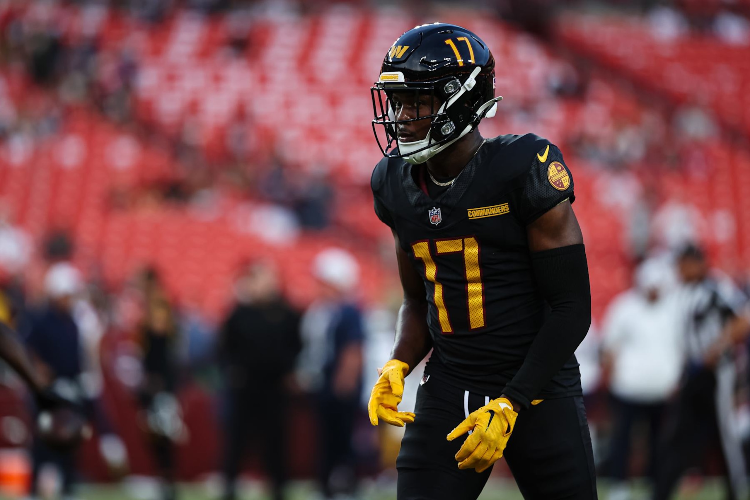 LANDOVER, MD - AUGUST 25: Terry McLaurin #17 of the Washington Commanders warms up before the preseason game against the New England Patriots at Commanders Field on August 25, 2024 in Landover, Maryland. (Photo by Scott Taetsch/Getty Images) LANDOVER, MD - AUGUST 25: Terry McLaurin #17 of the Washington Commanders warms up before the preseason game against the New England Patriots at Commanders Field on August 25, 2024 in Landover, Maryland. (Photo by Scott Taetsch/Getty Images)