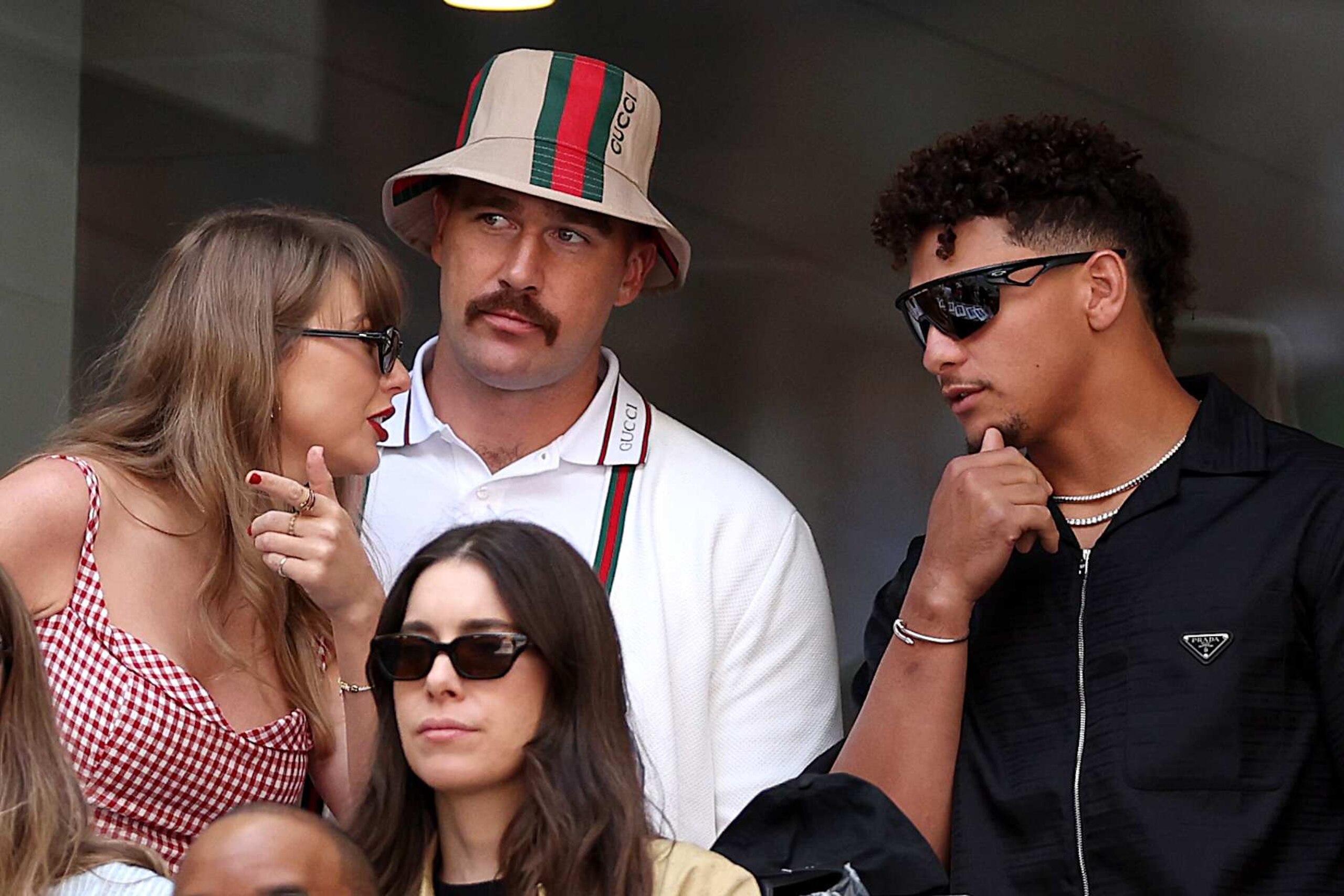 NEW YORK, NEW YORK - SEPTEMBER 08:  Singer-songwriter Taylor Swift and Travis Kelce and Patrick Mahomes of the Kansas City Chiefs attend the Men's Singles Final match between Taylor Fritz of the United States and Jannik Sinner of Italy on Day Fourteen of the 2024 US Open at USTA Billie Jean King National Tennis Center on September 08, 2024 in the Flushing neighborhood of the Queens borough of New York City. (Photo by Matthew Stockman/Getty Images)