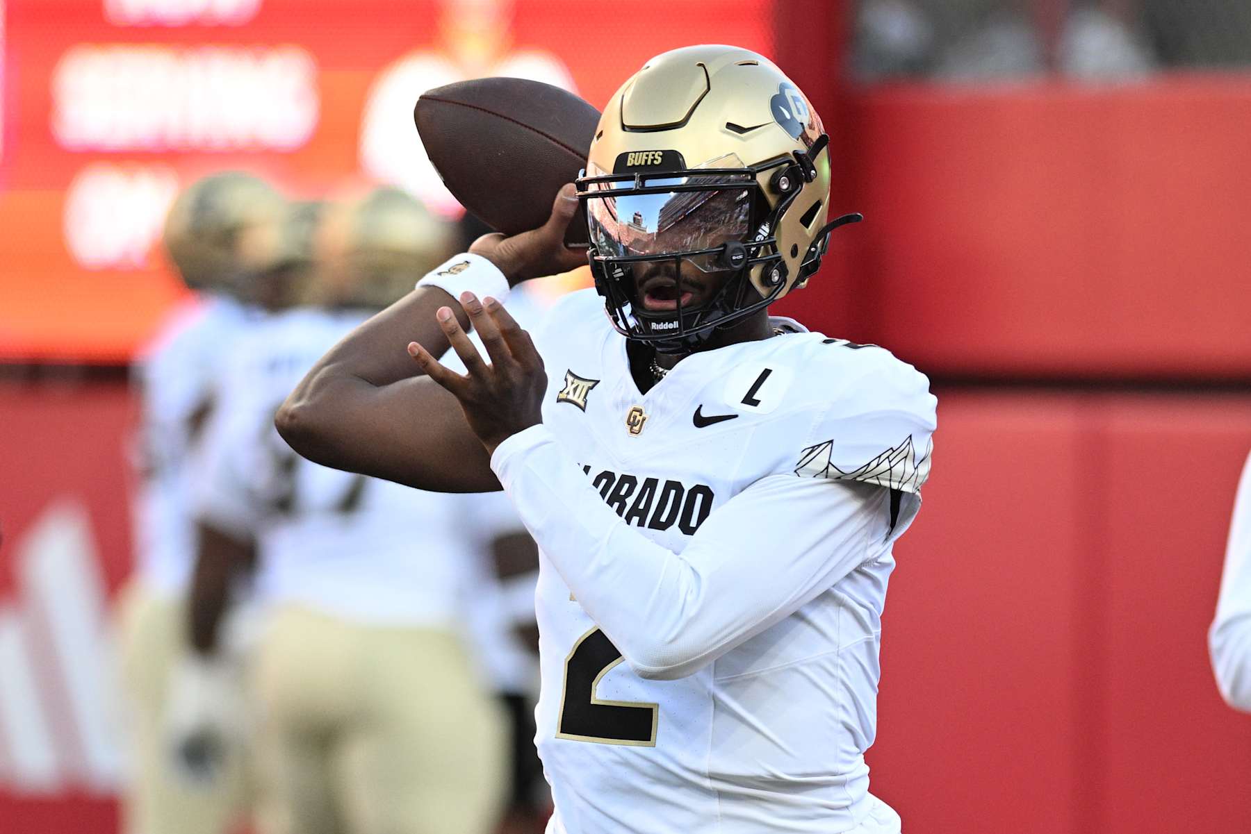 LINCOLN, NEBRASKA - SEPTEMBER 7: Shedeur Sanders #2 of the Colorado Buffaloes warms up before the game against the Nebraska Cornhuskers at Memorial Stadium on September 7, 2024 in Lincoln, Nebraska. (Photo by Steven Branscombe/Getty Images)