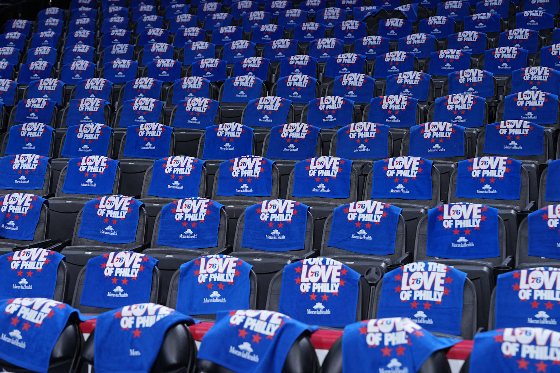 PHILADELPHIA, PA - MAY 2: Rally towels laid out for fans before the game between the New York Knicks and the Philadelphia 76ers during Round 1 Game 6 of the 2024 NBA Playoffs on May 2, 2024 at the Wells Fargo Center in Philadelphia, Pennsylvania NOTE TO USER: User expressly acknowledges and agrees that, by downloading and/or using this Photograph, user is consenting to the terms and conditions of the Getty Images License Agreement. Mandatory Copyright Notice: Copyright 2024 NBAE (Photo by Jesse D. Garrabrant/NBAE via Getty Images)